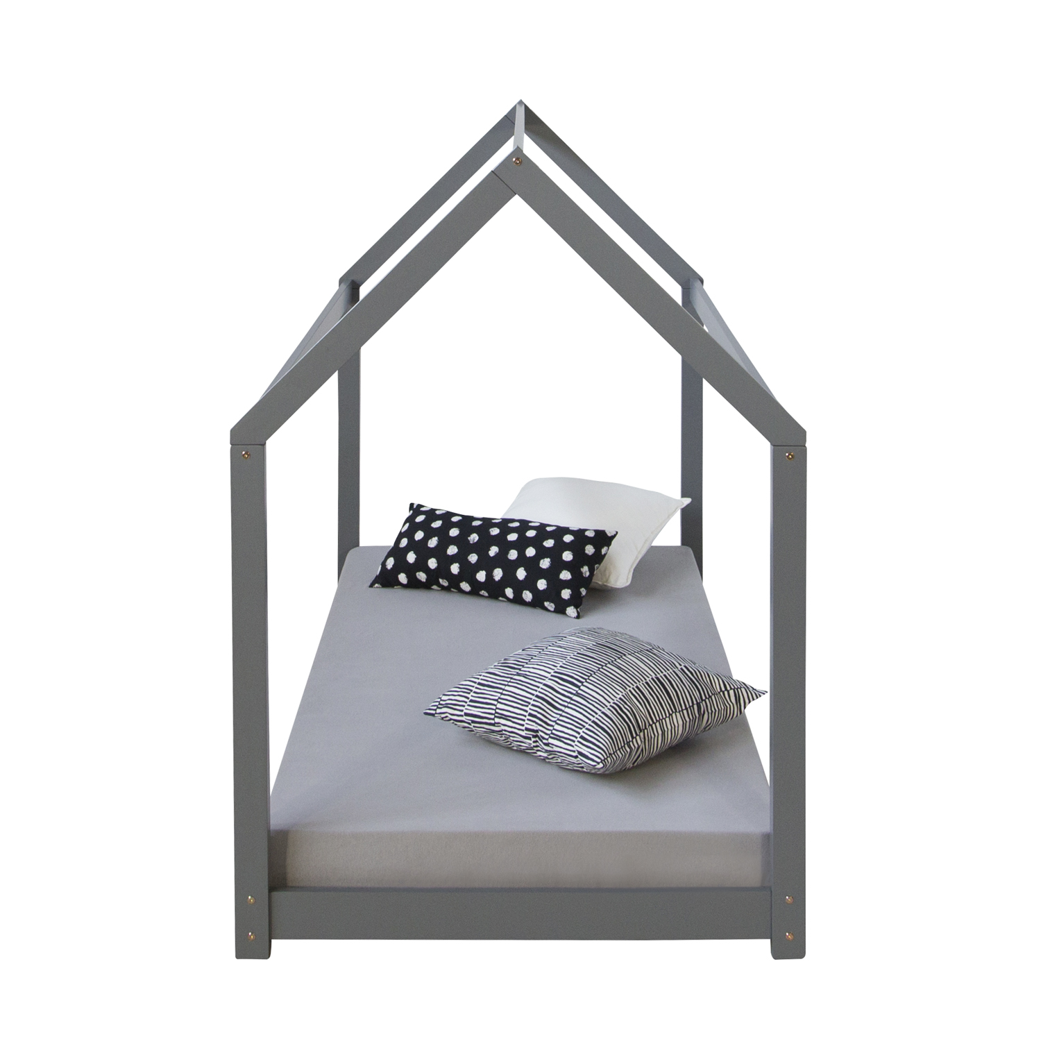 Lit d'enfant maison d'enfant blanc gris lit de maison lit en bois 90 x 200 cm avec matelas sommier à lattes 
