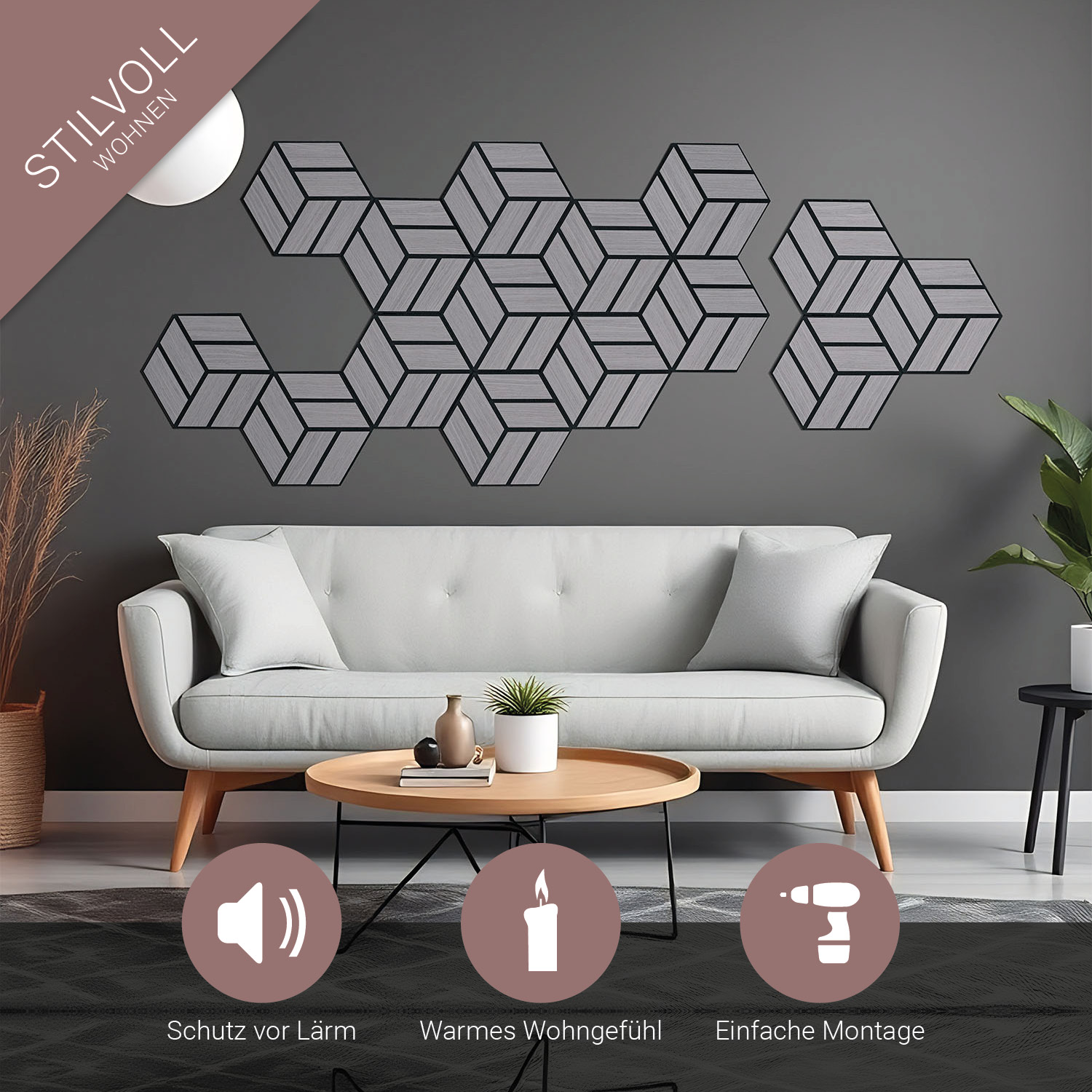 Acoustic Panels Wall Panels Hexagon Honeycomb 30 x 26 cm Grey | Wood | 4-piece Set | 3D Acoustic Panels Wall Panels Hexagon Honeycomb 30 x 26 cm Grey | Wood | 20-piece Set | 3D