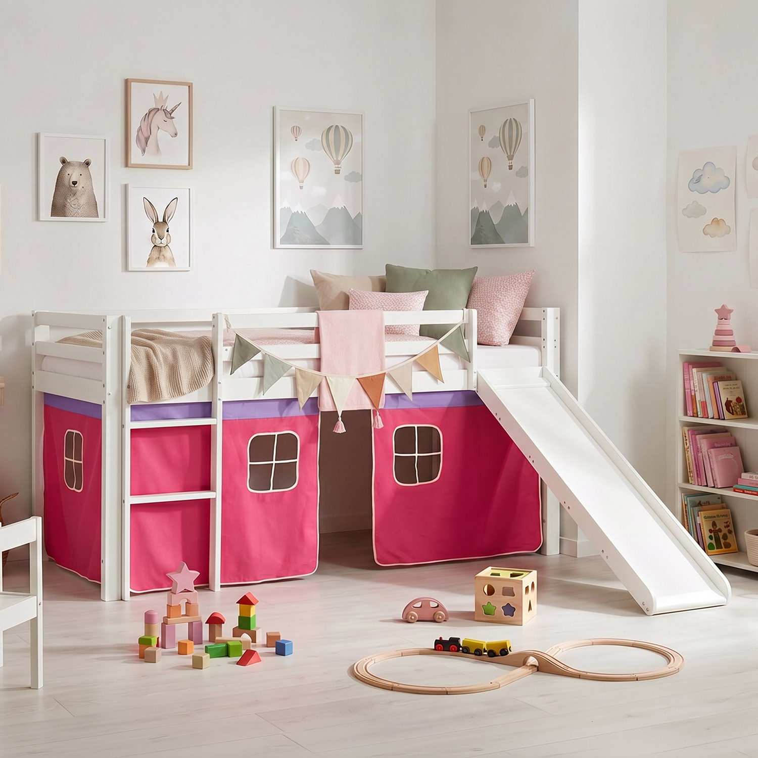 Children's Loft Bed 90x200 cm White with Pink Curtain | Slide | Includes Slatted Base | Includes Mattress