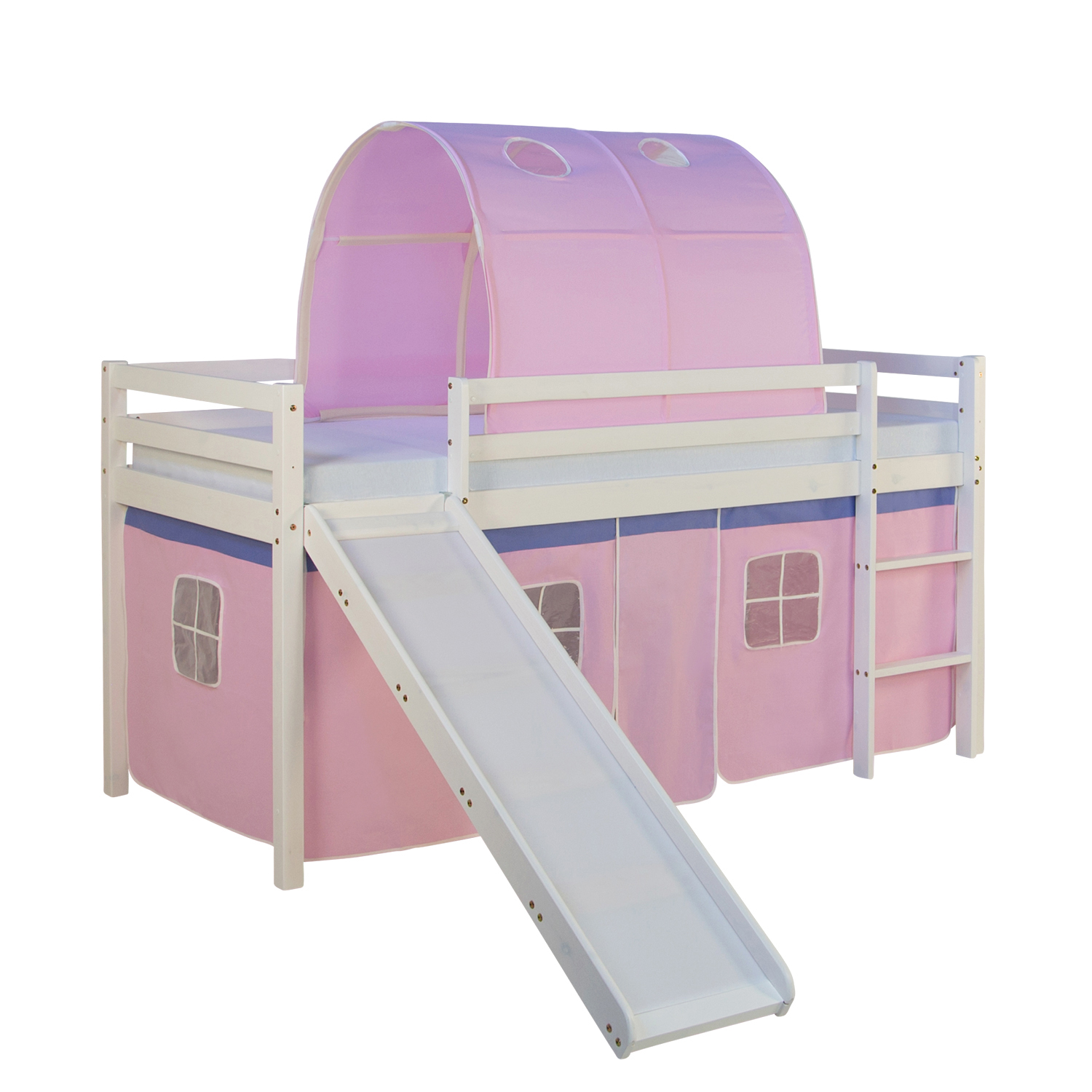 Loft Bed Kids 90x200 cm White with Curtain in Pink | Tunnel | Slide | with Slatted Frame