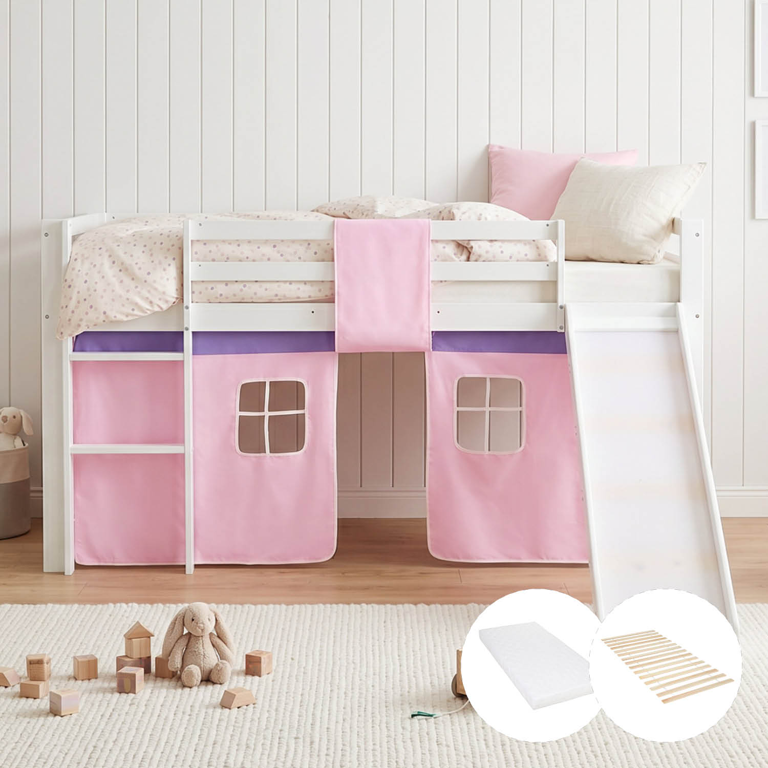 Children's Loft Bed 90x200 cm White with Pink Curtain | Slide | Includes Slatted Base | Includes Mattress