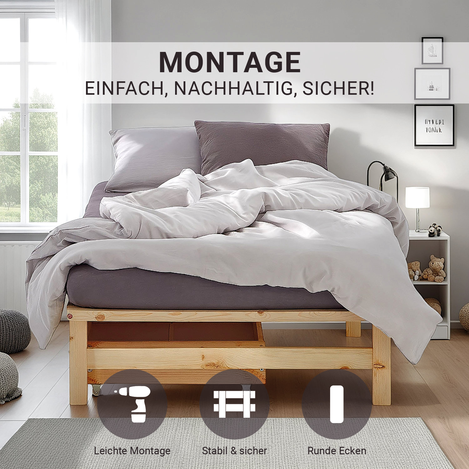 Pallet Bed 90x200 cm Natural | Single Bed with Storage Drawers | with Mattress | Wood | Kids Youth Guest Bedroom
