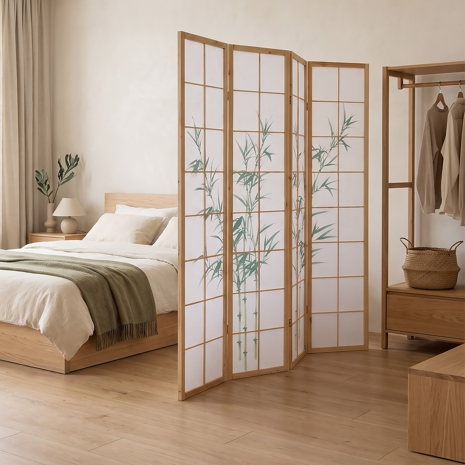 4-Panel "Nature" Screen – Wooden Room Divider with Bamboo Pattern & Rice Paper