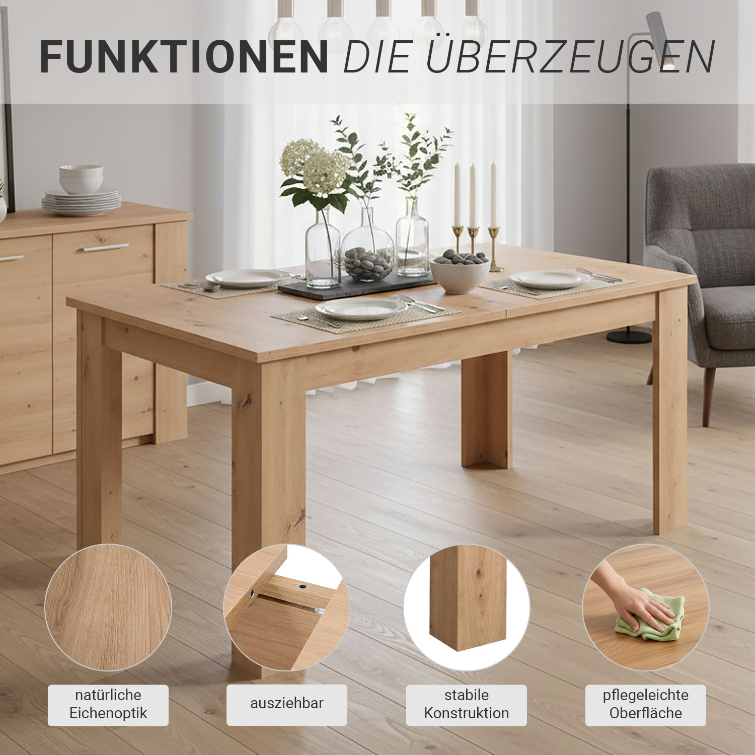 Esstisch ausziehbar 120x80 cm Weiß oder Artisan Eiche Wohnzimmertisch Holz Küchentisch Esszimmertisch Tisch