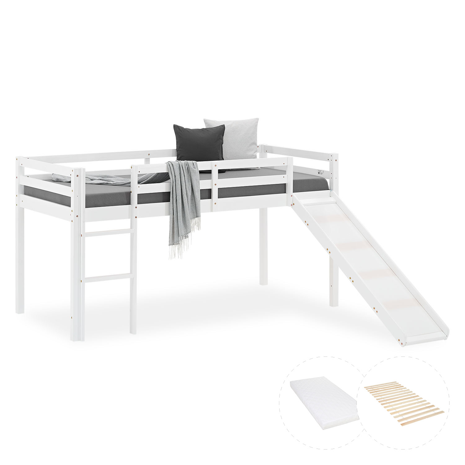 White wooden mid sleeper bed with ladder and slide along with grey mattress and pillows ideal for the childrens room and a playful space saving sleeping solution