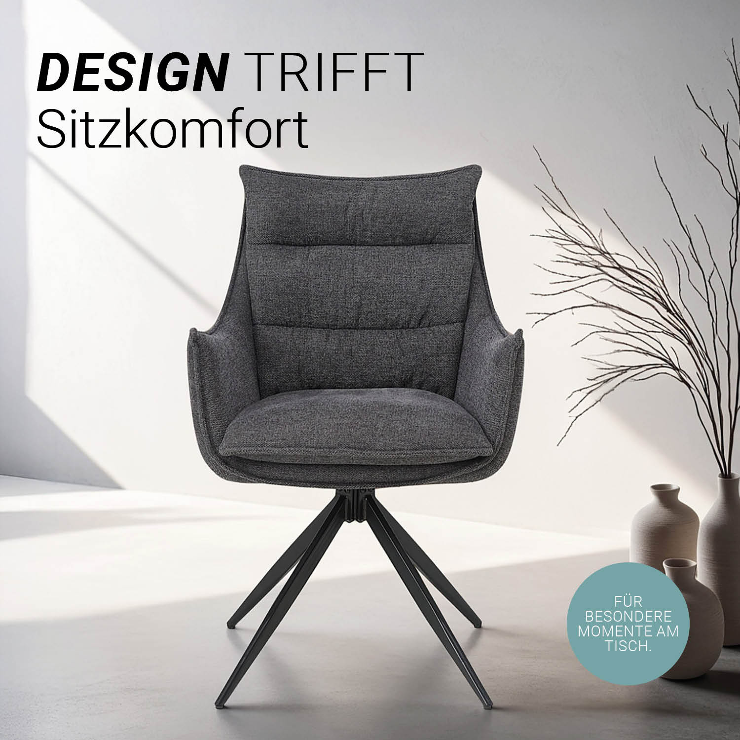Esszimmerstühle Drehbar 1, 2, 4 oder 6 Stühle für den Esstisch Drehstuhl mit Armlehne Stoff Anthrazit Polsterstühle Sessel Modern