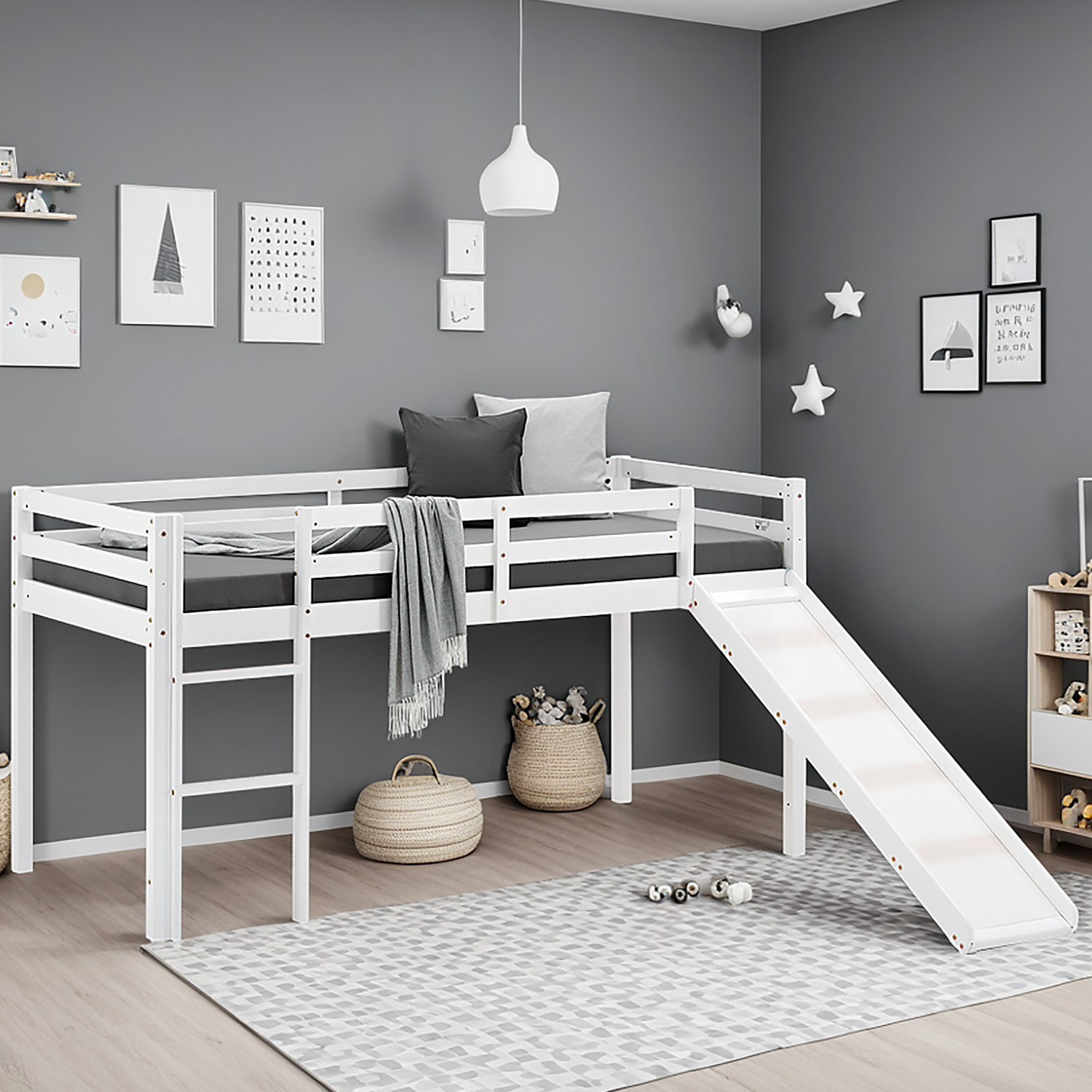 Loft Bed Kids 90x200 cm White | Slide | without Slatted Frame