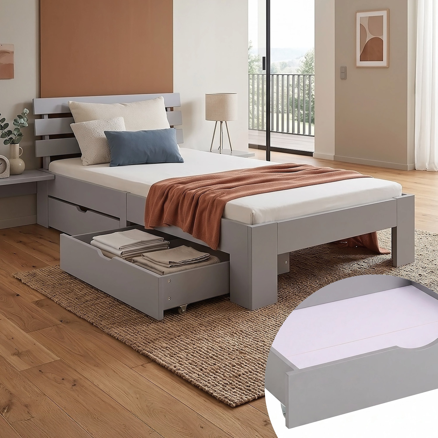 Wooden Bed 90x200 cm Gray | Single Bed with Storage | With Slatted Base | Solid Wood | Children's, Teen, or Guest Bedroom