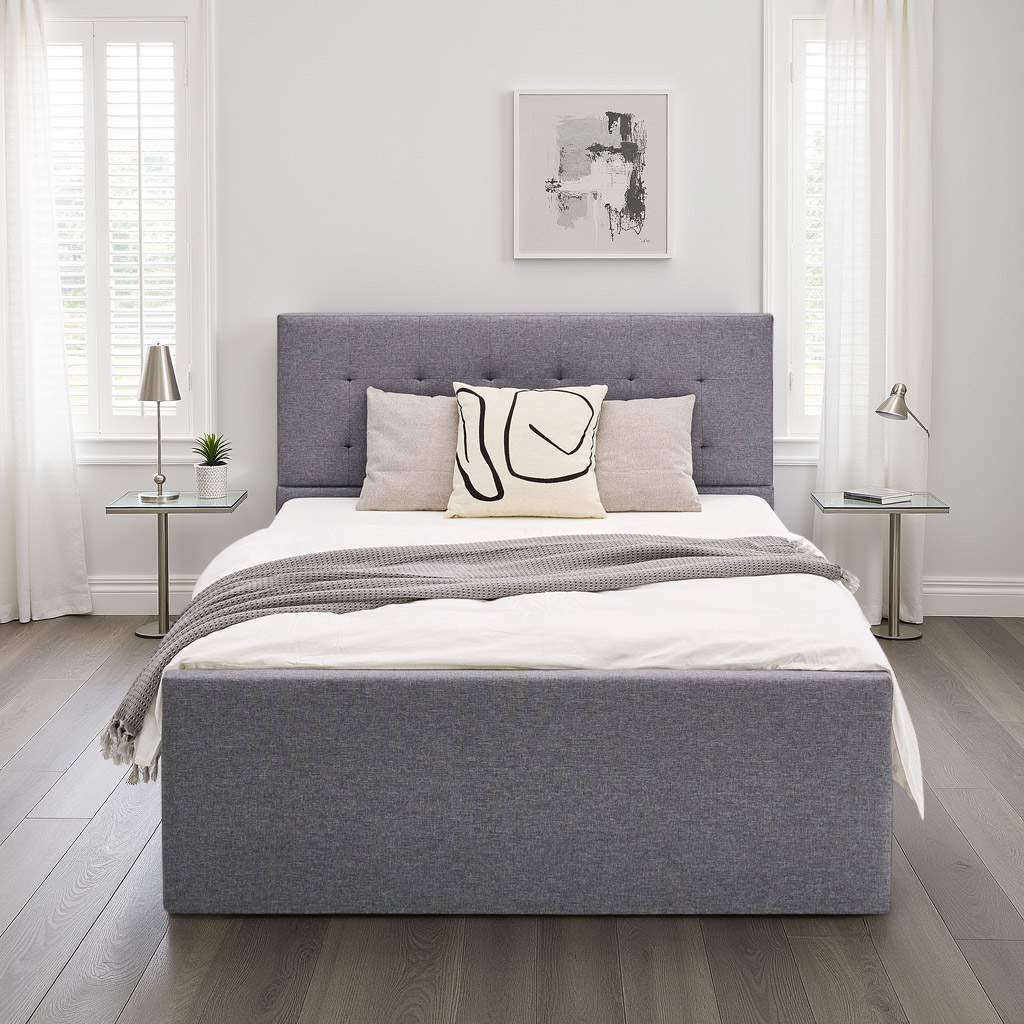 Upholstered bed 140x200 cm grey | with slatted frame | with 4 bed drawers | double fabric bed frame