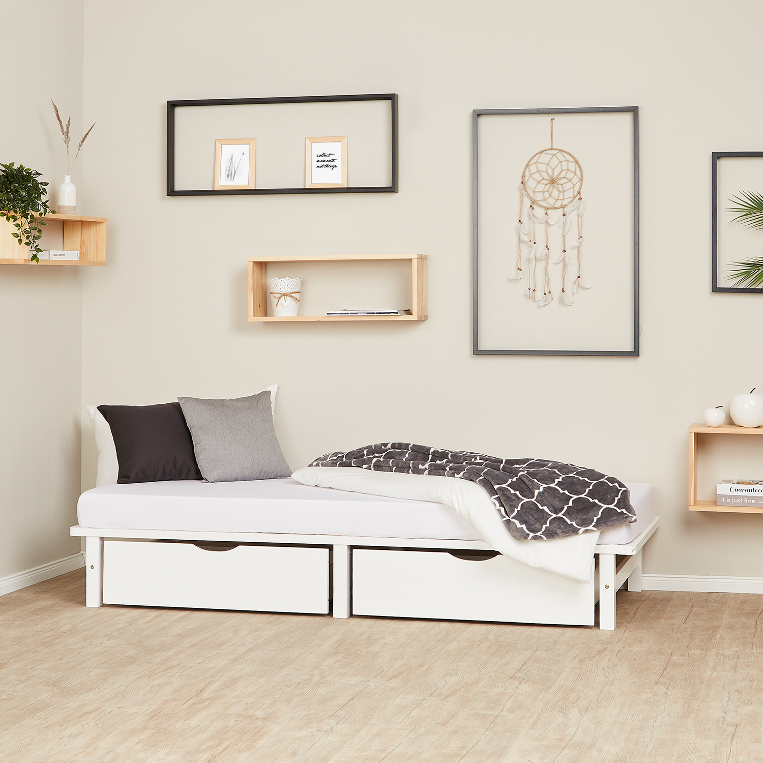 Pallet Bed 90x200 cm White | Single Bed with Storage Drawers | with Slatted Frame | Wood | Kids Youth Guest Bedroom
