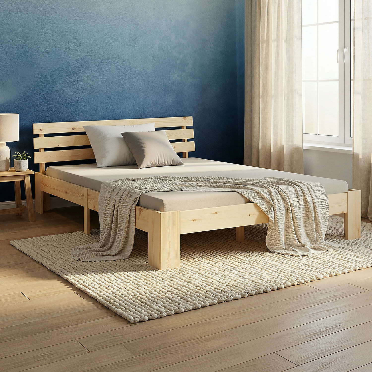 Wood Bed 120x200 cm Natural | Double Bed | with Slatted Frame | Solid | Kids Youth Guest Bedroom