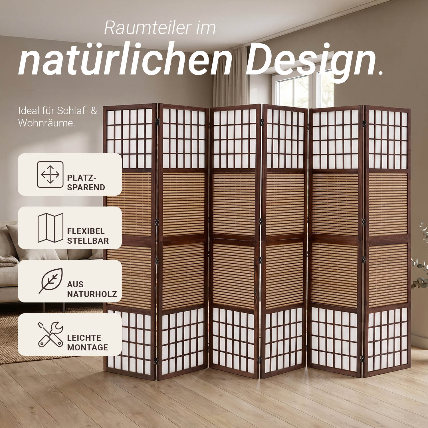 Paravent Brown Bamboo Shoji Rice Paper White | 6-panel | Wood | Room Divider Partition Privacy Screen