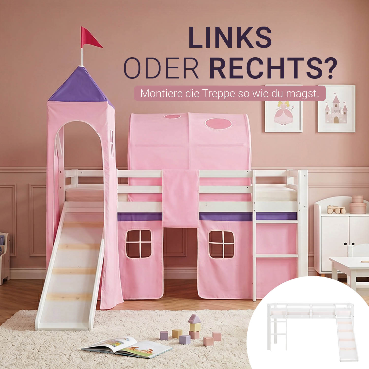 Children's Loft Bed 90x200 cm White with Pink Curtain | Slide | Tower | | Tunnel | with Slatted Base | with Mattress