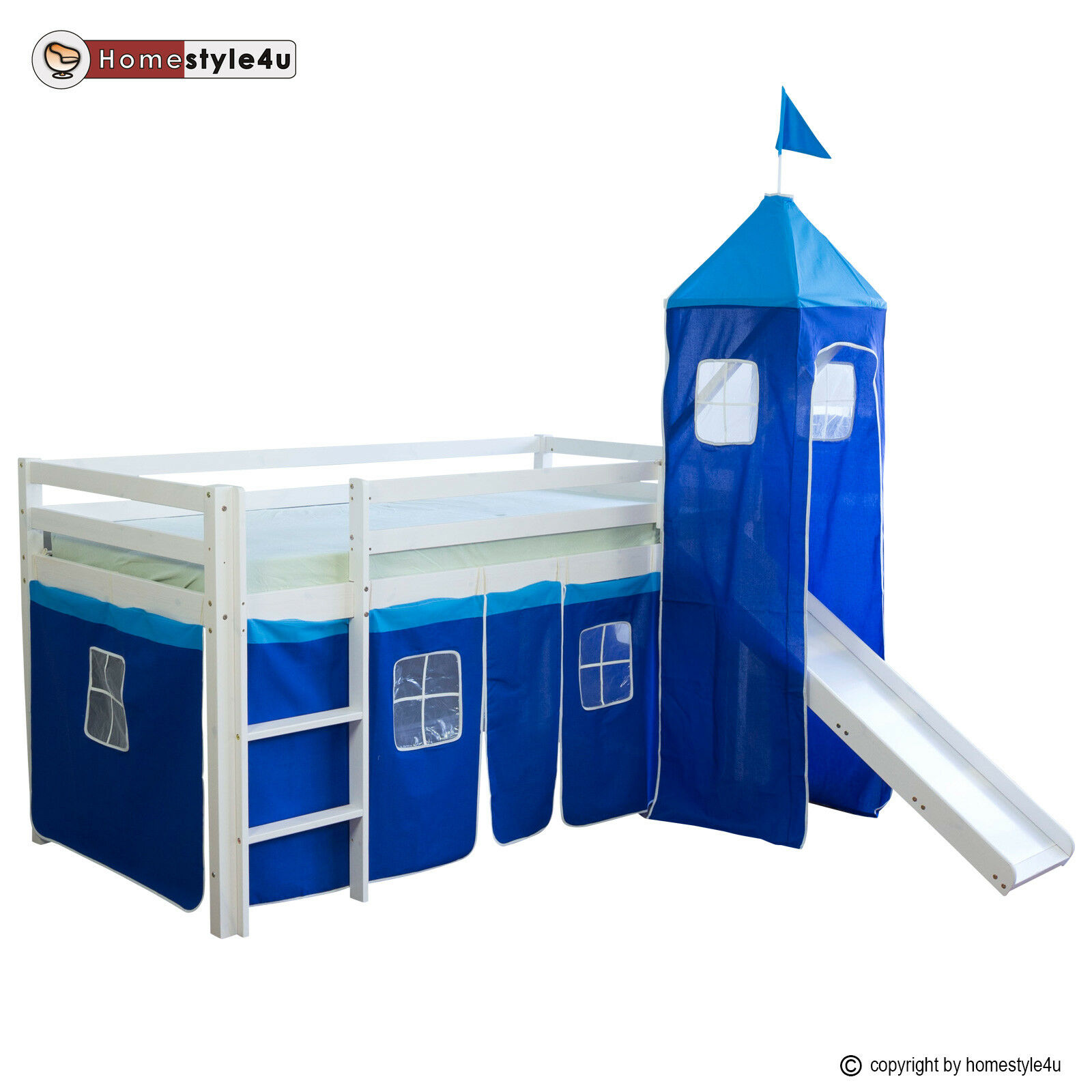 Loft Bed Kids 90x200 cm White with Curtain in Blue | Tower | Slide | without Slatted Frame Loft Bed Kids 90x200 cm White with Curtain in Blue | Tower | Slide | without Slatted Frame