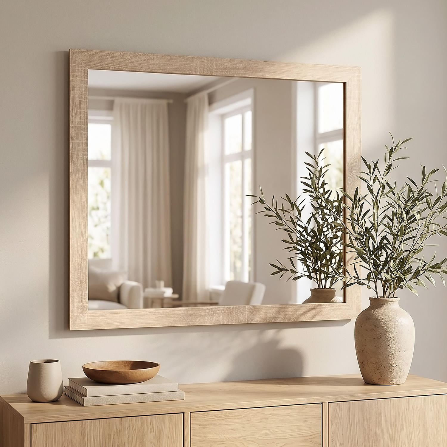 Large Rectangular Wall Mirror 80x70 cm Sonoma Oak Effect Wooden Frame Hallway Bedroom Living Room Mirror