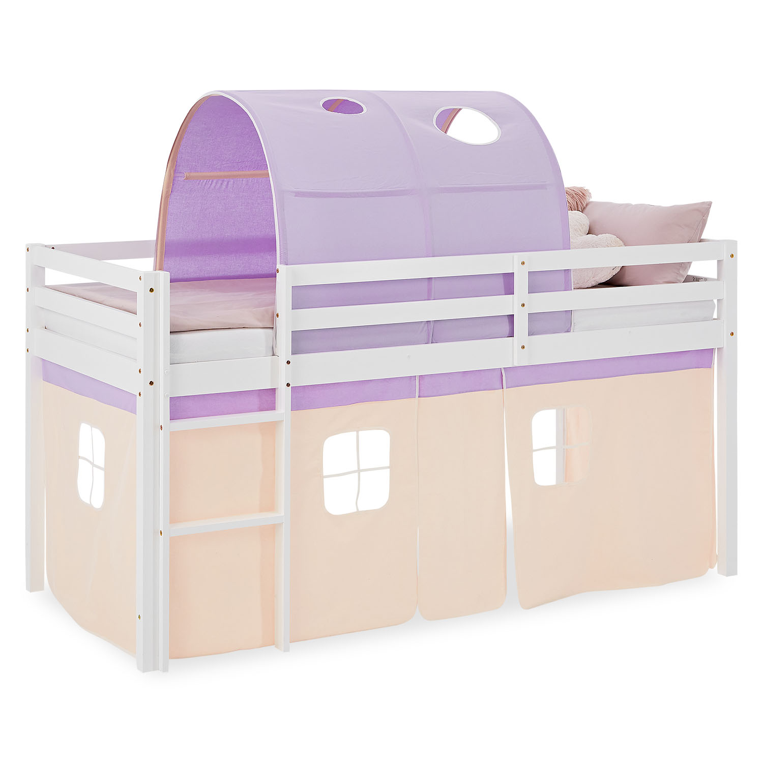 Mid-height white wooden children's bed with beige curtains and purple play tunnel ? fun loft bed with ladder, perfect for girls? rooms