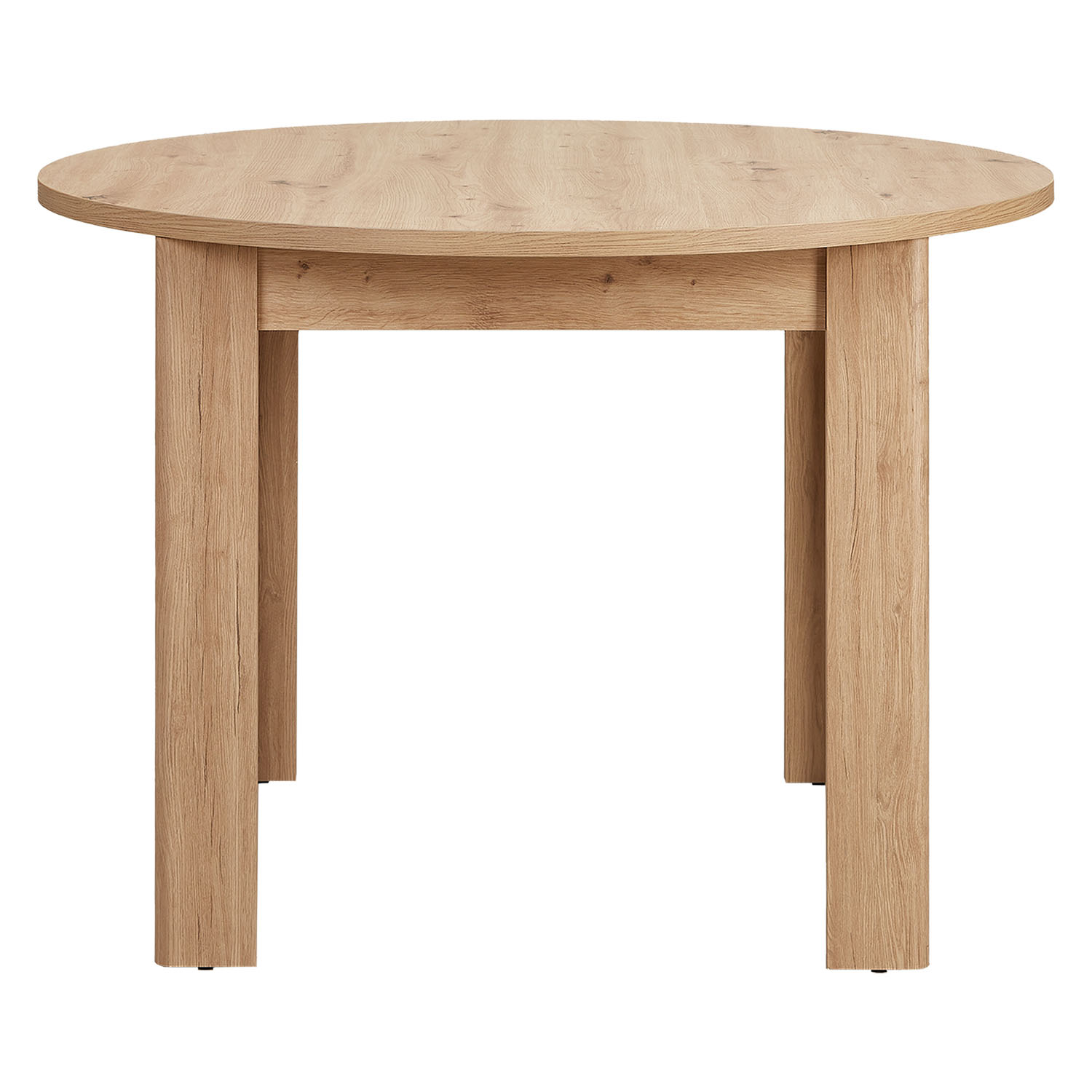 Esstisch mit Oberflächen in Eichenoptik und runder Tischform. In der eingerichteten Szene sind helle Polsterstühle, ein Holzfußboden und Blumen in einer Vase zu sehen.
