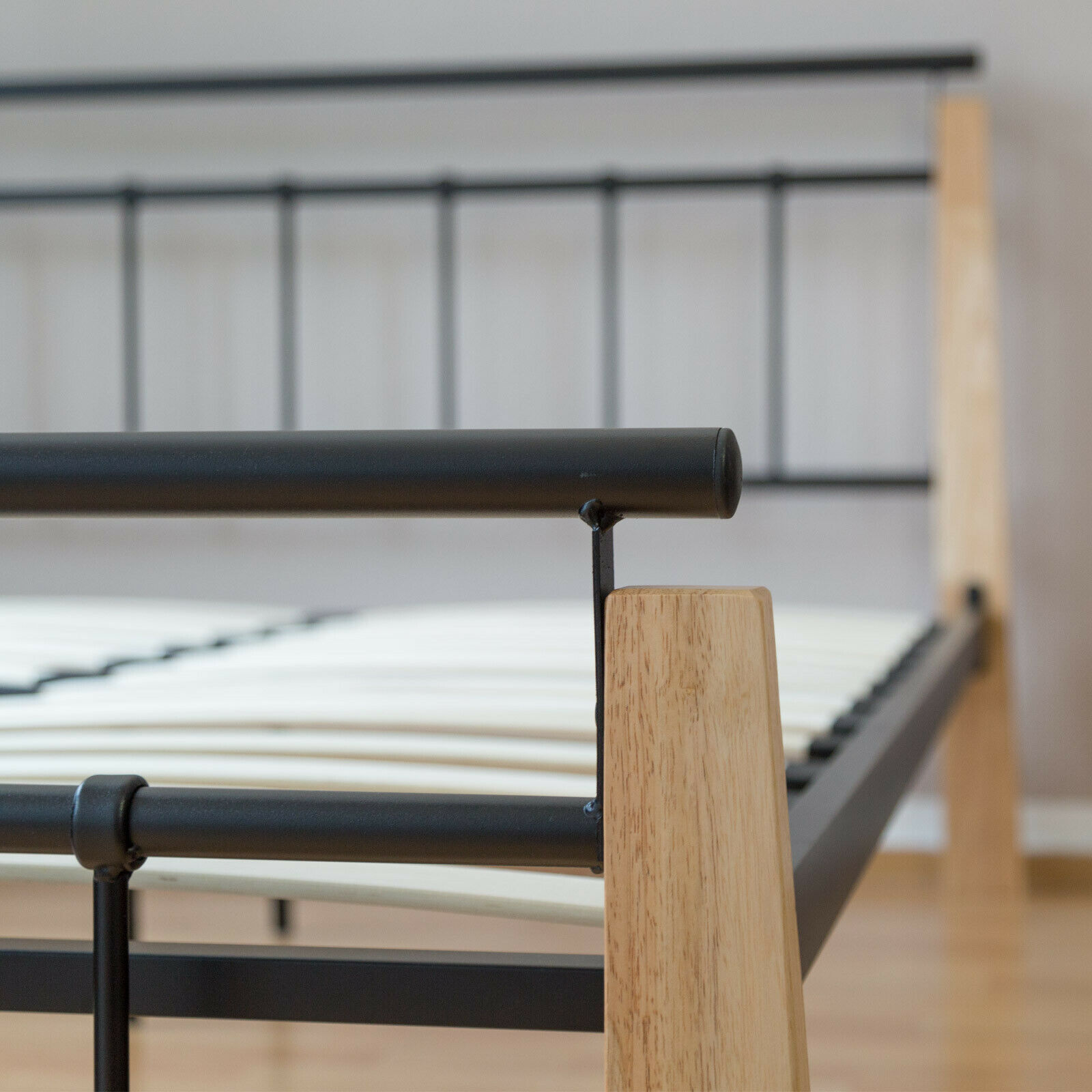Metal Bed Iron Bed Double 160 x 200 Wood Slatted black natural bed frame 5072