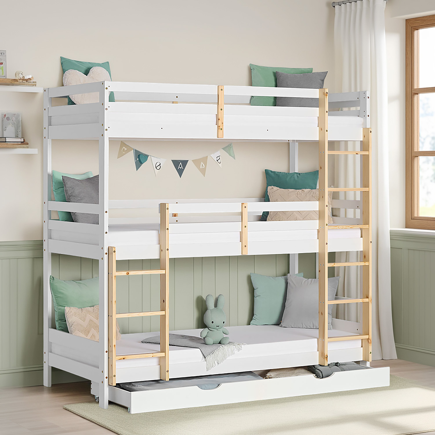 Bunk Bed 3 Levels 90x200 cm White | Ladders Natural | with Bed Drawer | with Slatted Frame