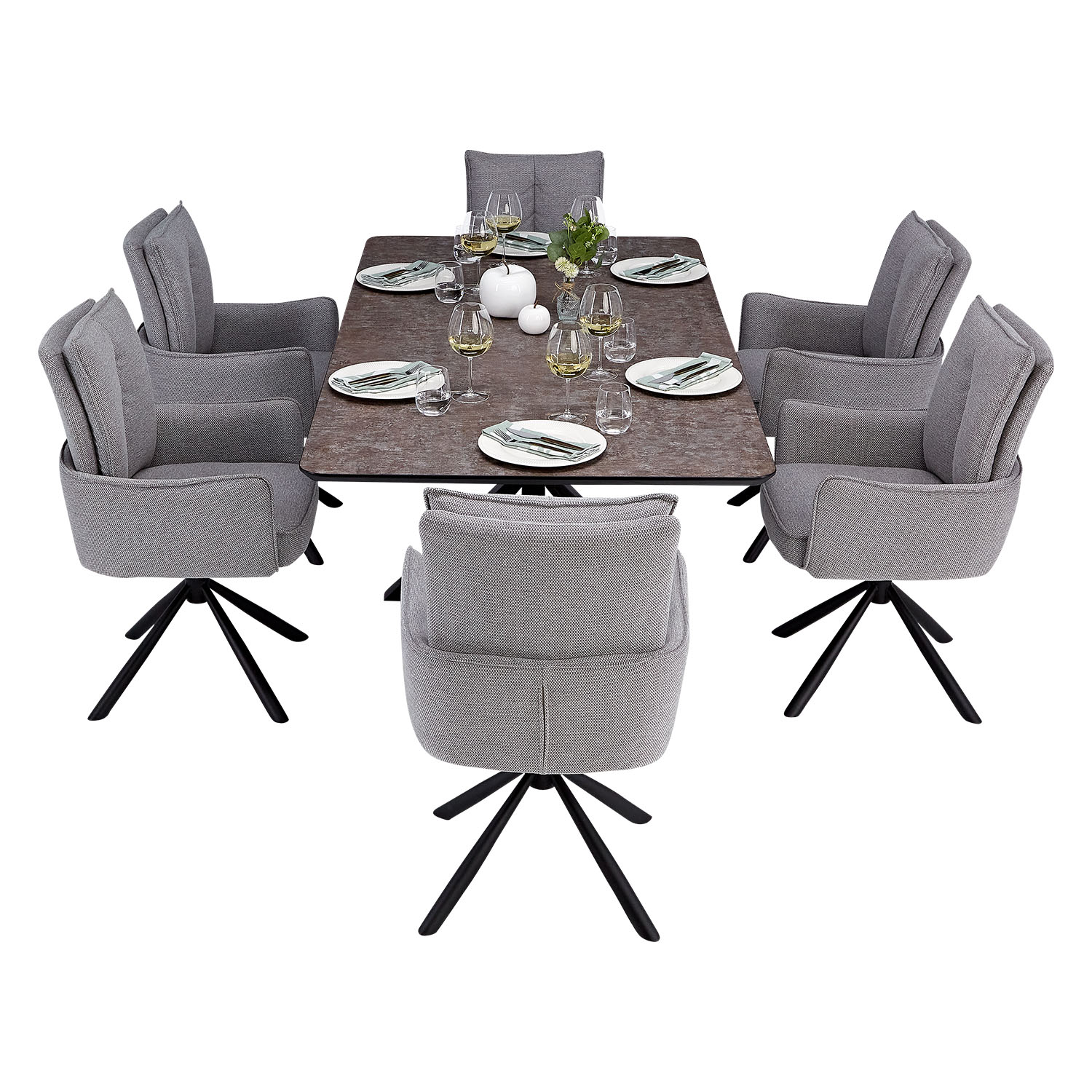 Dining set | 6-piece set upholstered chairs grey with armrest | swivel | dining table brown metal frame 200 x 100 cm
