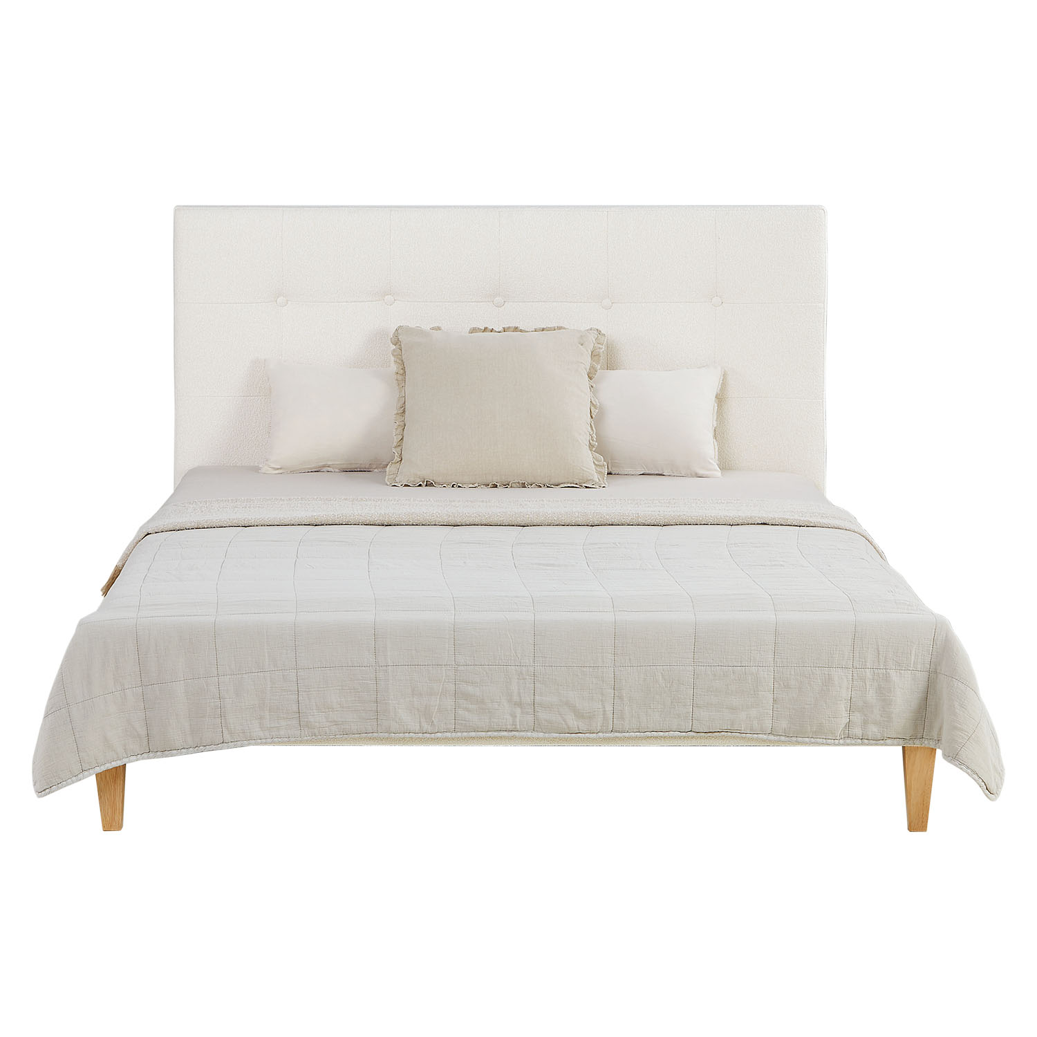 Small Double Bed 140x200 cm with Mattress Bouclé Beige Upholstered Bed with Slatted Frame Fabric Bed Frame