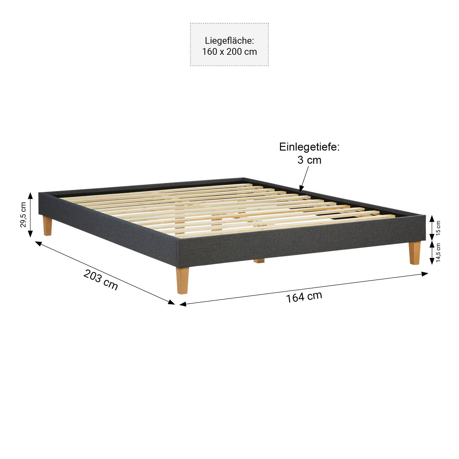 Upholstered Bed Frame Double Bed 160 x 200 cm Grey Futon Bed Platform Bed Fabric