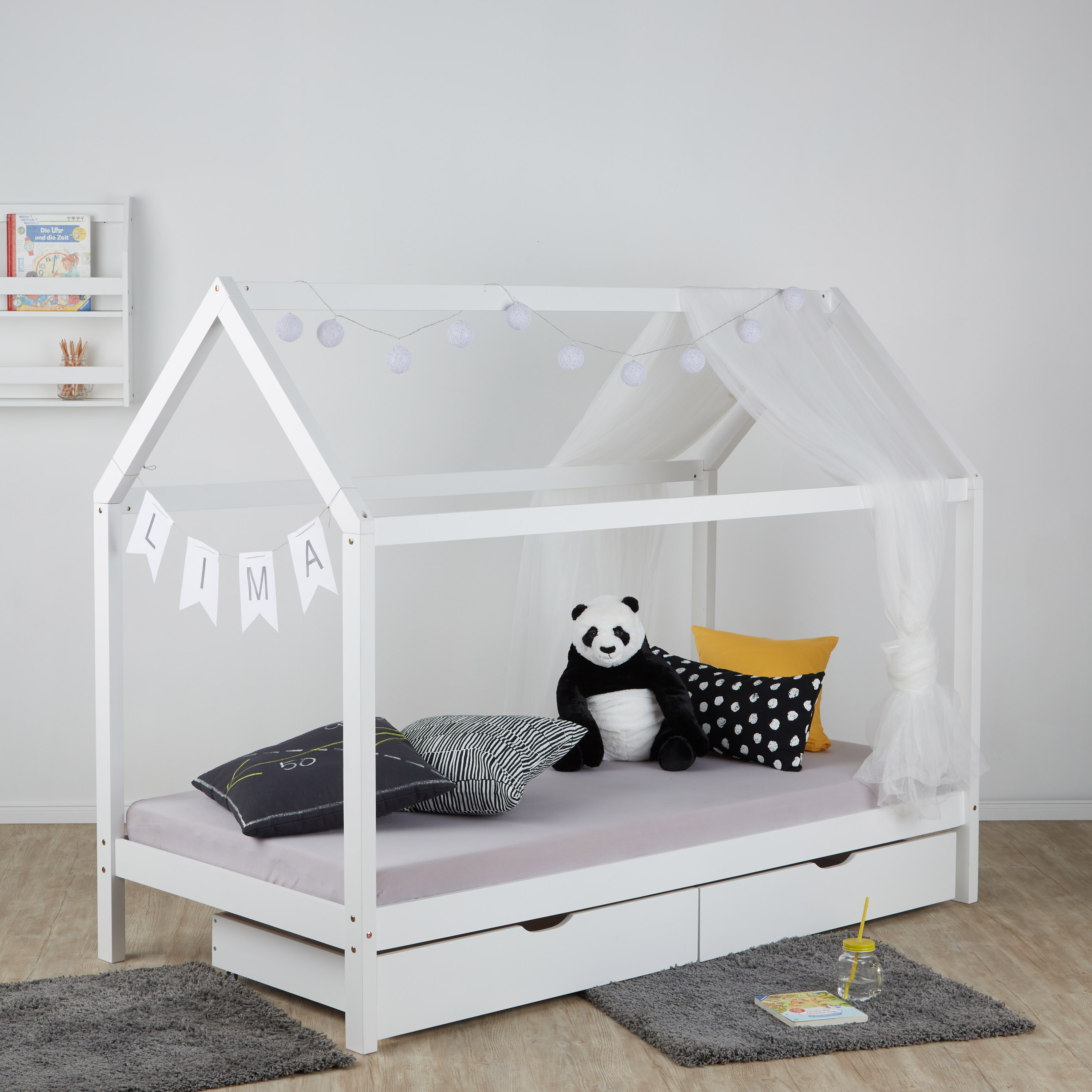 Children's Bed 90x200 cm White | House Bed with Drawers | Single Bed | with Slatted Frame | Wood