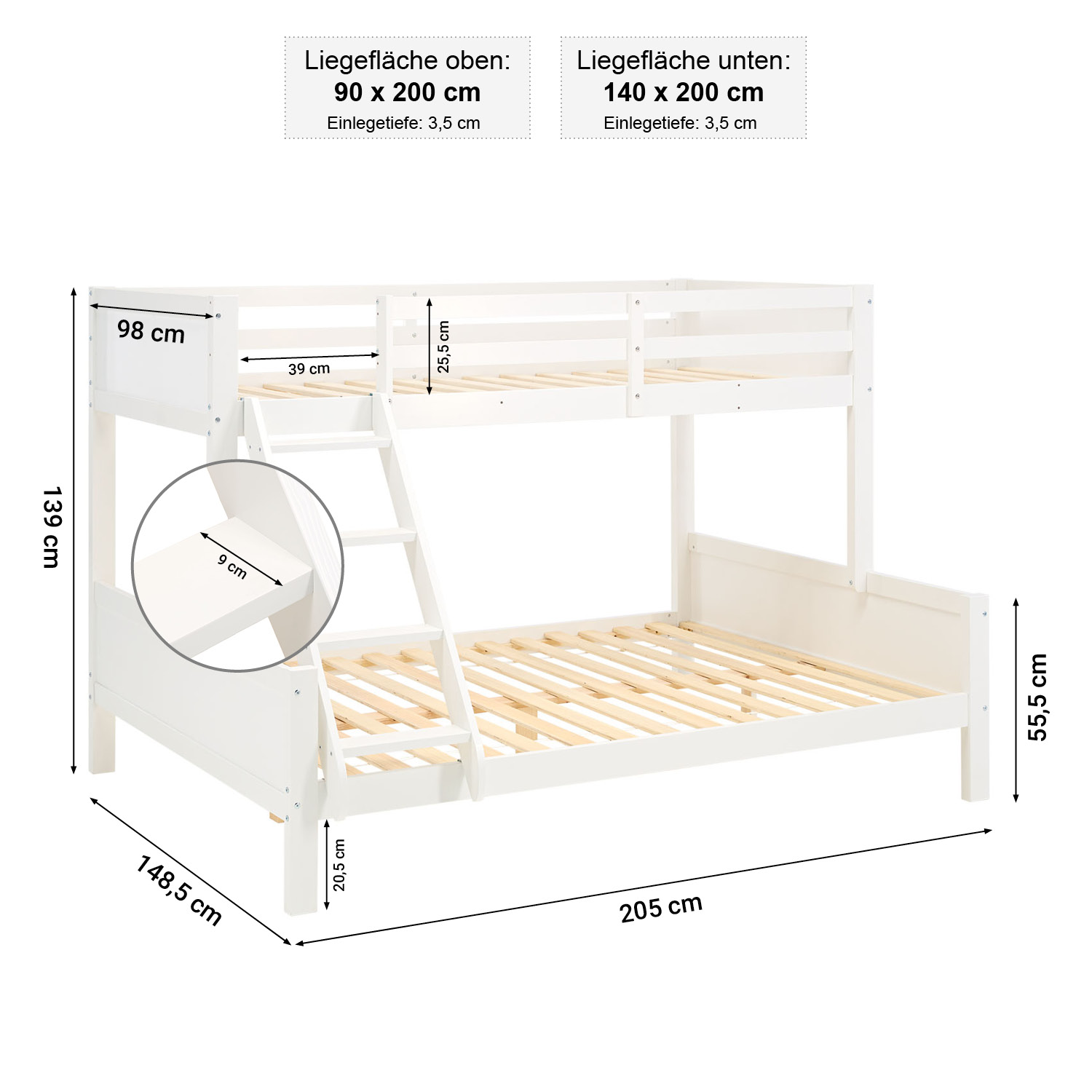 Bunk Bed with 2 Sleeping Surfaces 90x200 cm and 140x200 cm, White | with 2 Underbed Drawers | with Slatted Base