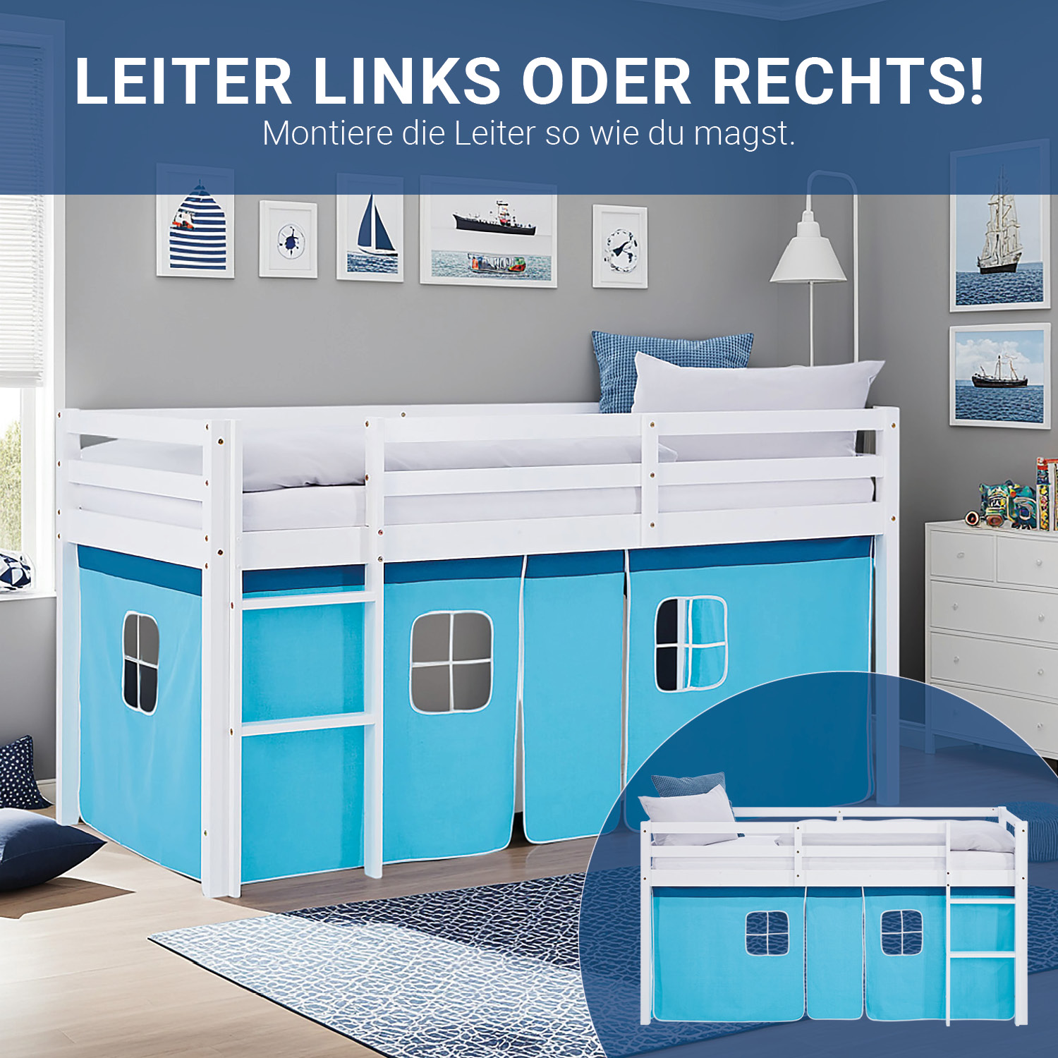 Children's Loft Bed, 90x200 cm, White with Blue Curtain | Includes Slatted Base and Mattress