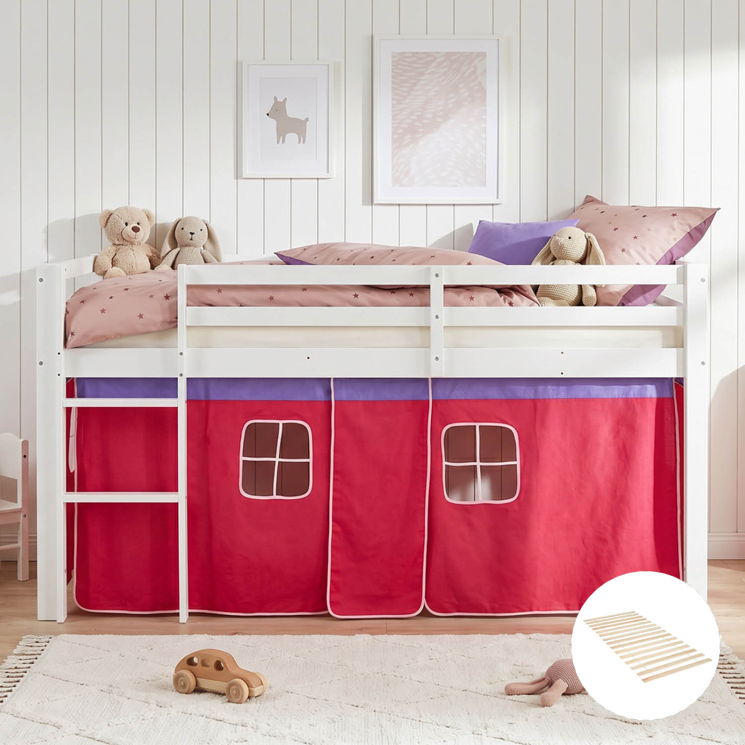 Loft Bed Kids 90x200 cm White with Curtain in Pink | with Slatted Frame