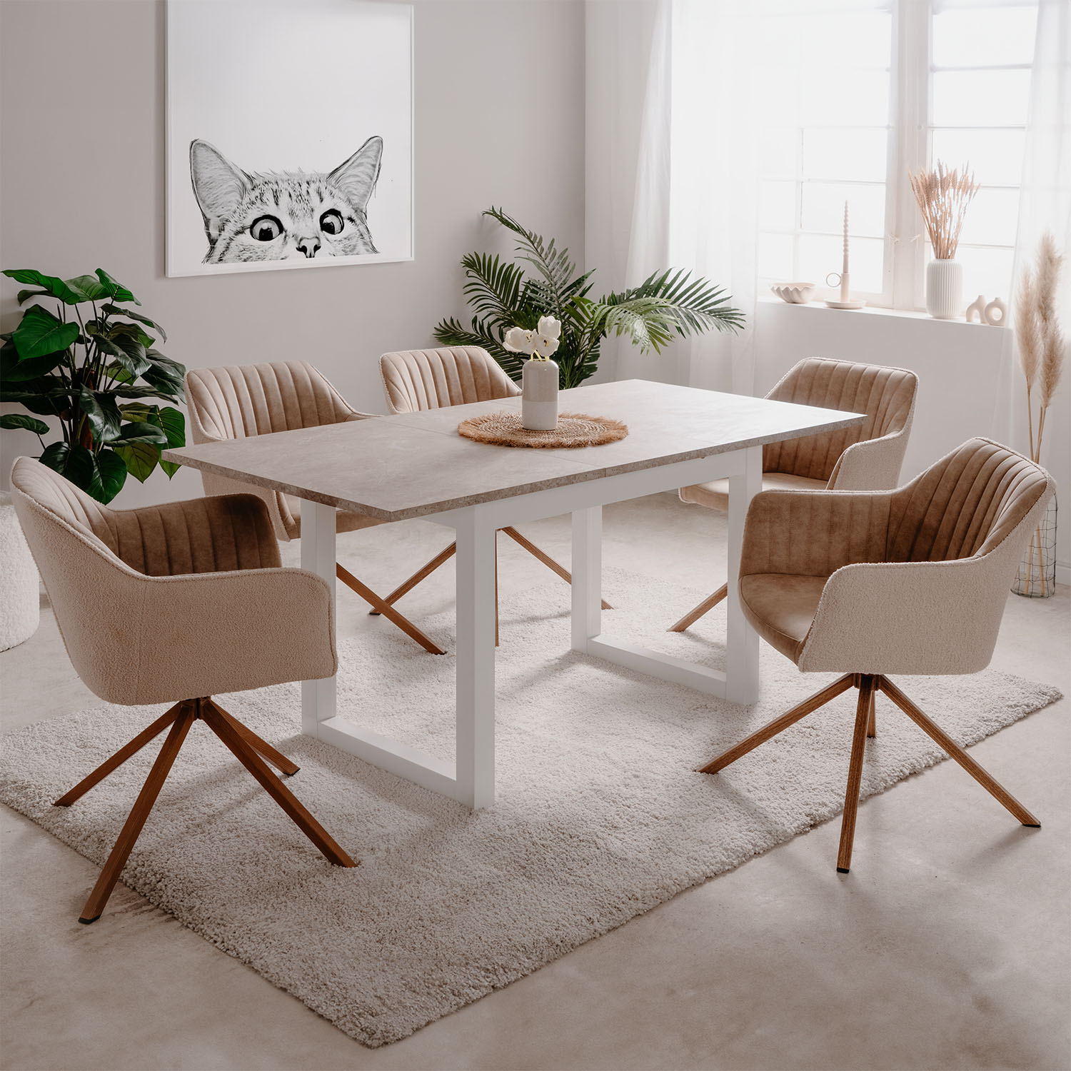 Extendable Dining Table 120x80 cm Kitchen Table Wooden Table White Sand stone Living Room Table