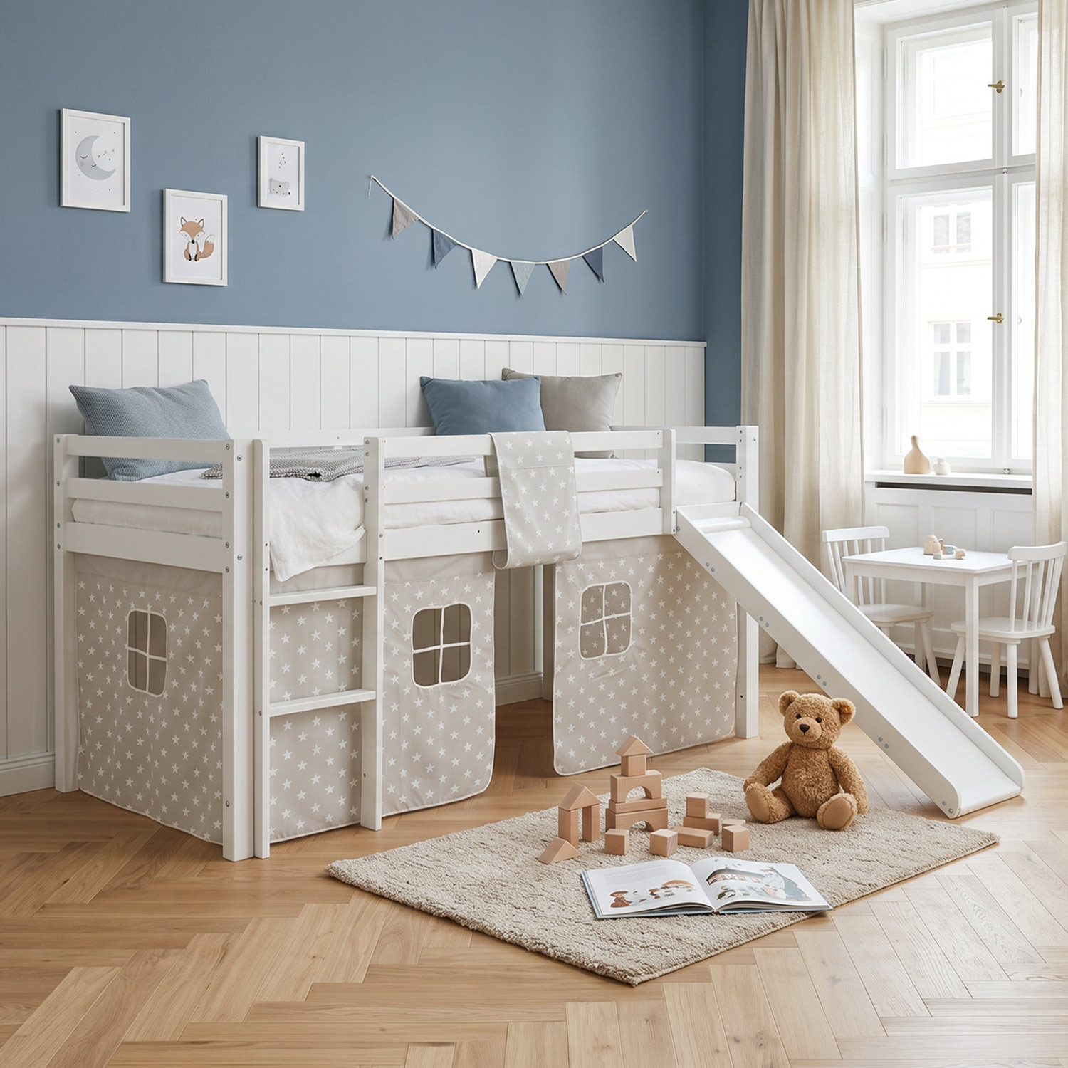 Children's Loft Bed 90x200 cm White with Star Curtain | Slide | With Slatted Base | With Mattress