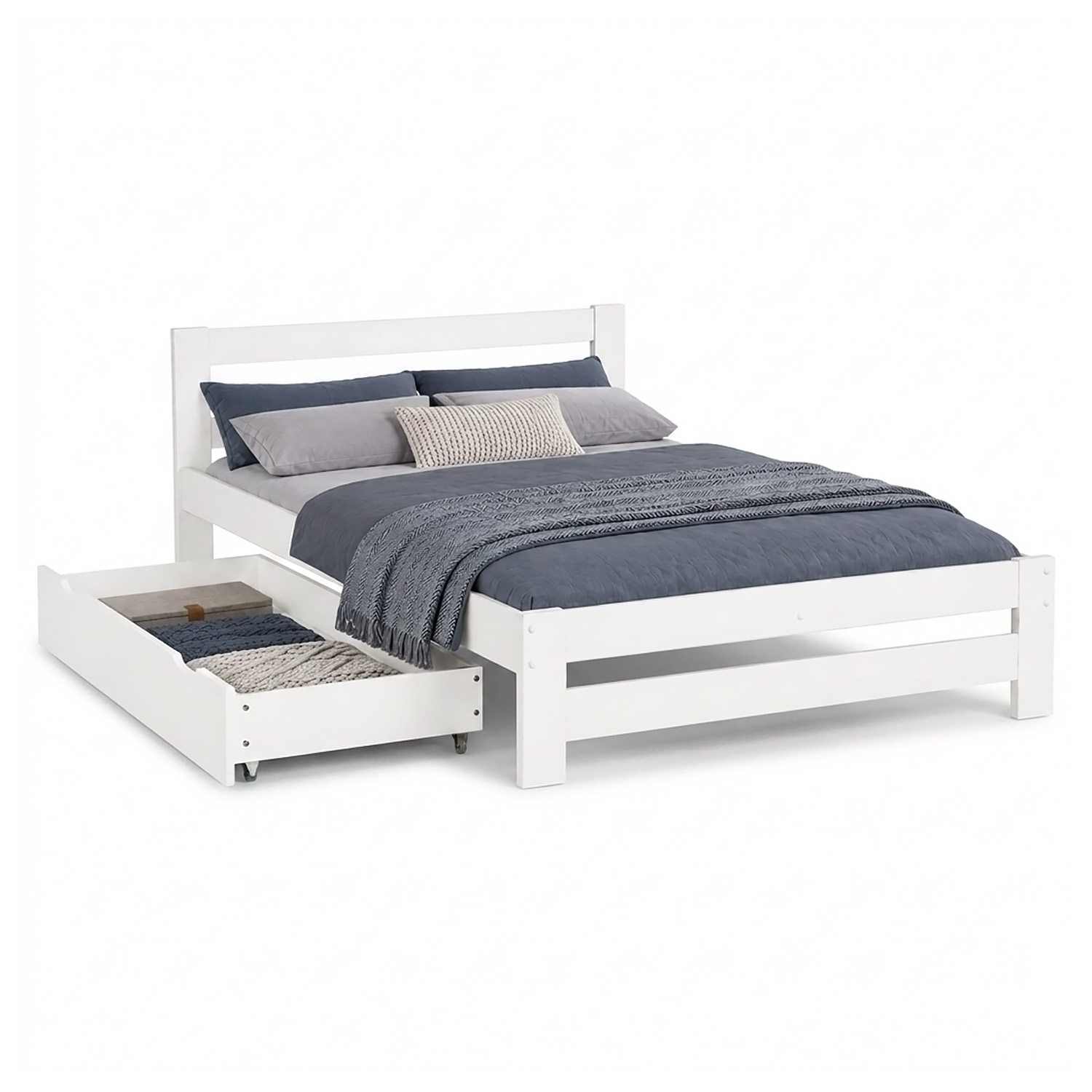 Wooden Bed 140x200 cm White – Solid Wood Double Bed with Storage & Slatted Base
