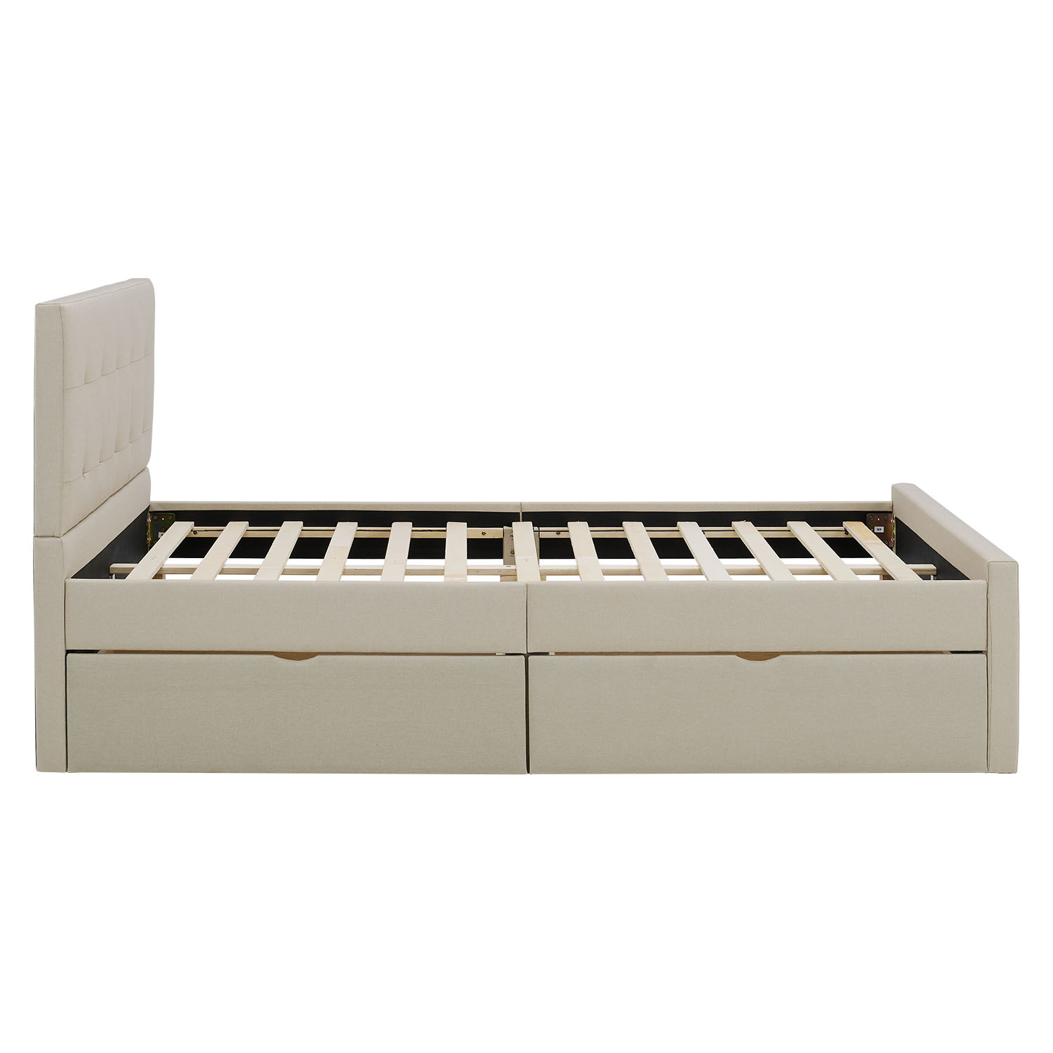 Upholstered bed 140x200 cm beige | with slatted frame | with 2 bed drawers | double fabric bed frame
