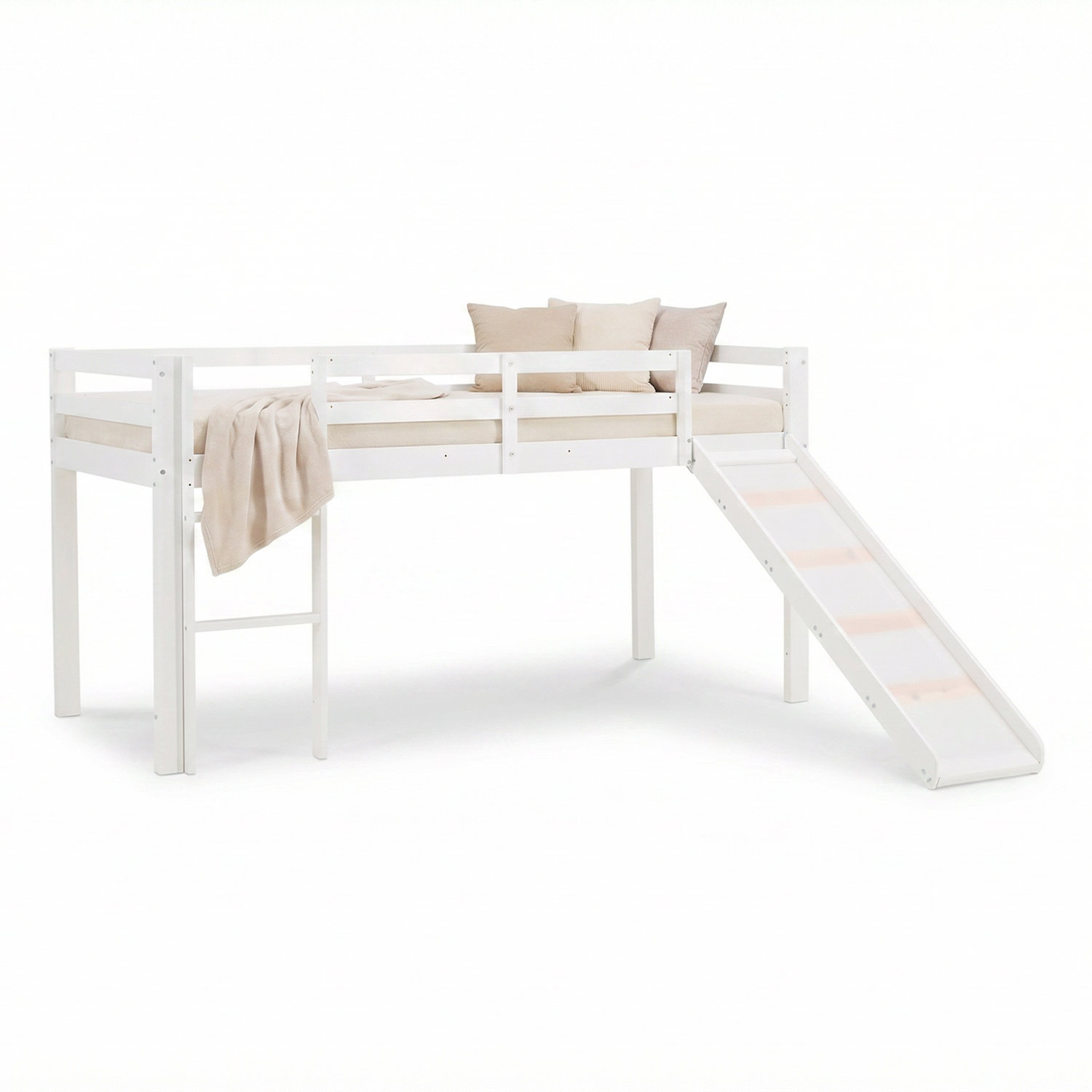 Loft Bed with Mattress, Slatted Base, and Slide – 90x200 cm – Children's Bed – White – Solid Wood