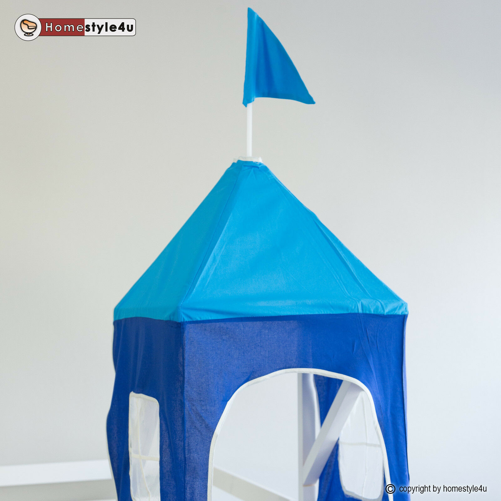 Loft Bed Kids 90x200 cm White with Curtain in Blue | Tower | Slide | without Slatted Frame