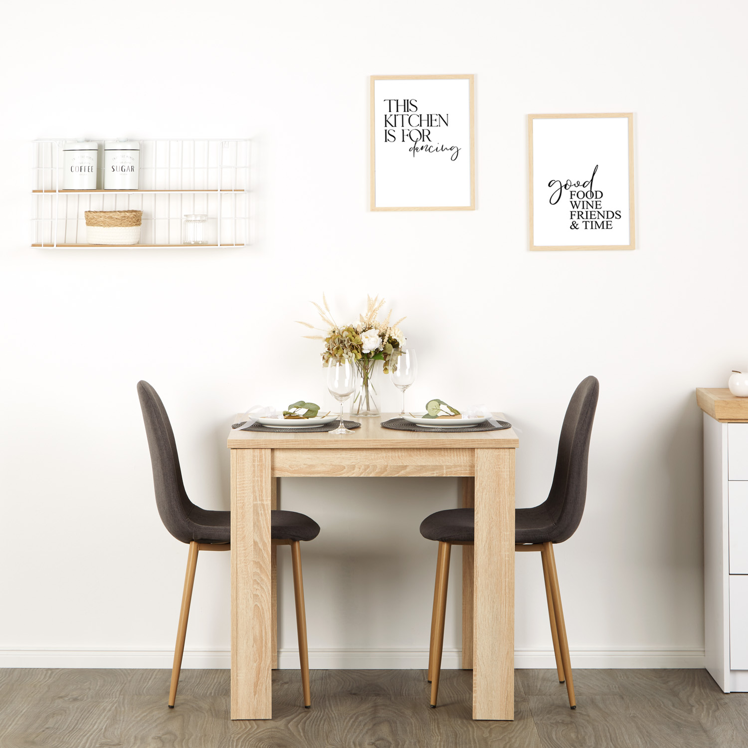 Dining Set (3-Piece): 80x80 cm oak table with 2 anthracite upholstered chairs and wood-look legs