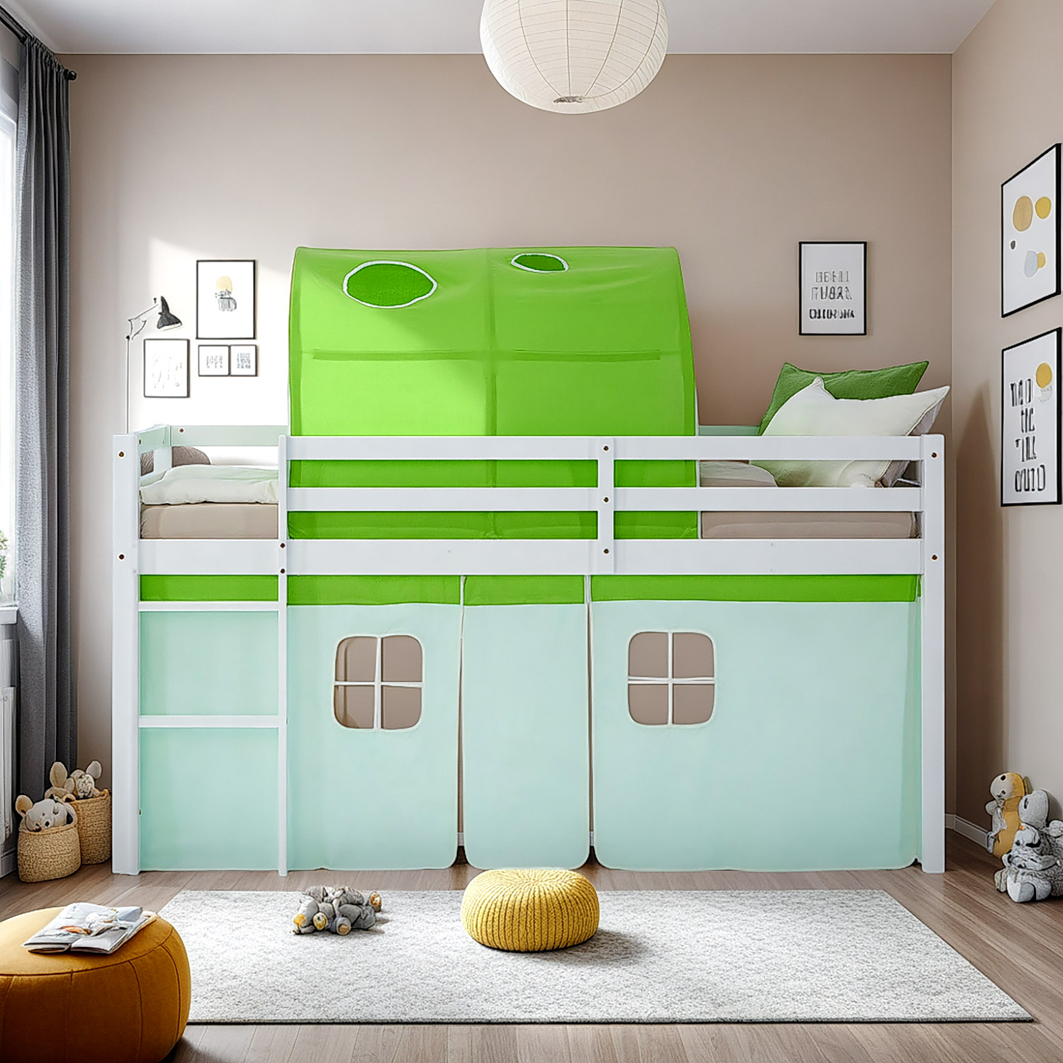 Loft Bed for Kids 90x200 cm White with Curtain in Green | Tunnel | with Slatted Frame and Mattress