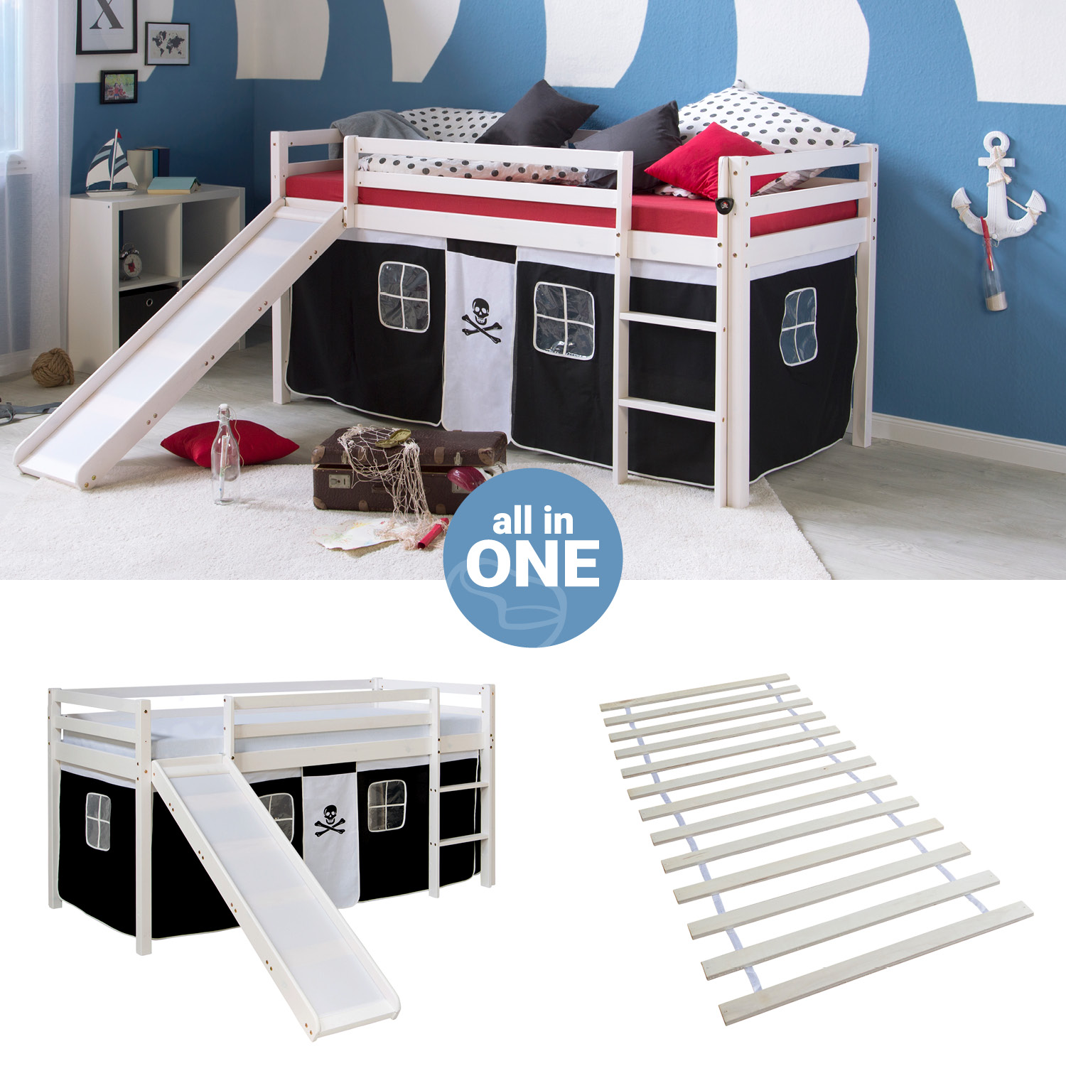 Loft Bed Kids 90x200 cm White with Curtain in Black | Slide | with Slatted Frame