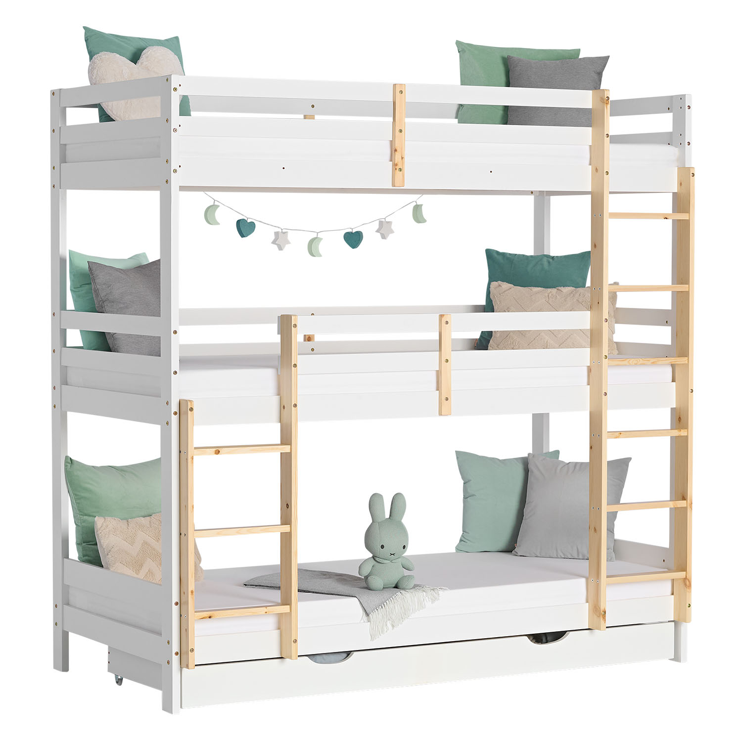 Bunk Bed 3 Levels 90x200 cm White | Ladders Natural | with Bed Drawer | with Slatted Frame