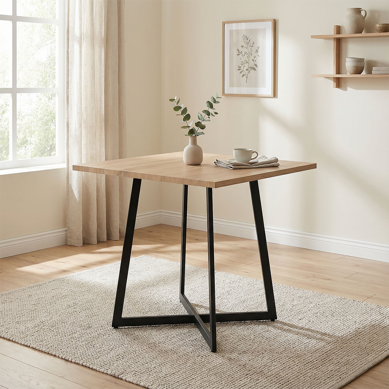 Modern Dining Table Kitchen Table Wooden Table 80x80 cm Oak Black Metal 4 Seater