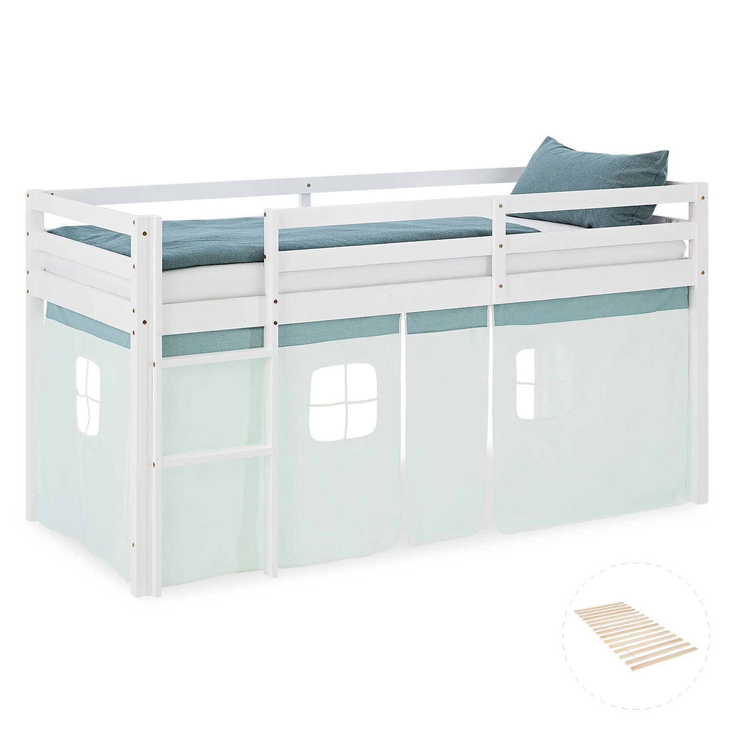 White solid wood mid-sleeper kids? bed with mint green curtains and window design ? ideal play bed for boys and girls