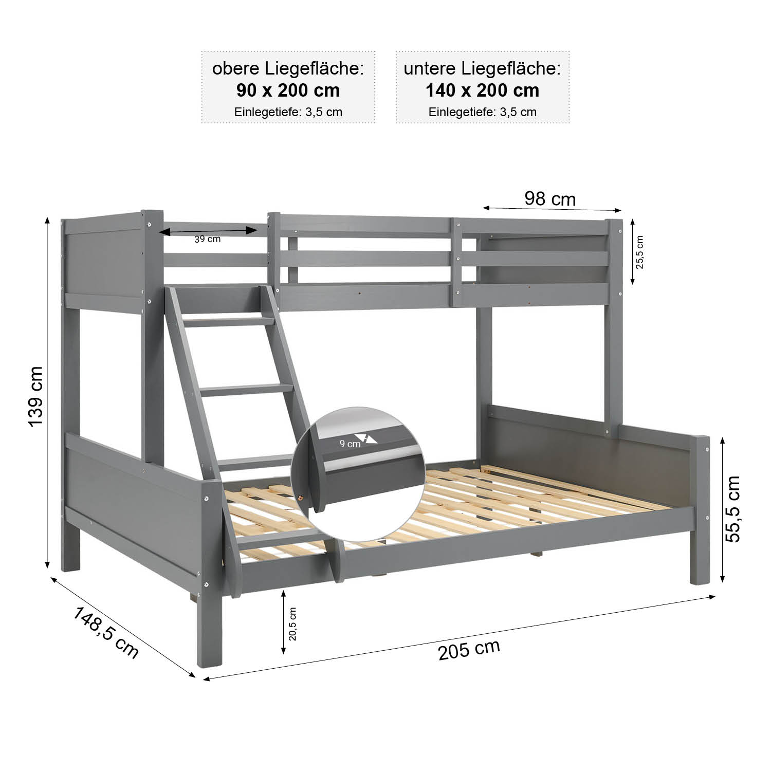 Bunk bed with two sleeping surfaces (90x200 cm and 140x200 cm) | Gray | with slatted base
