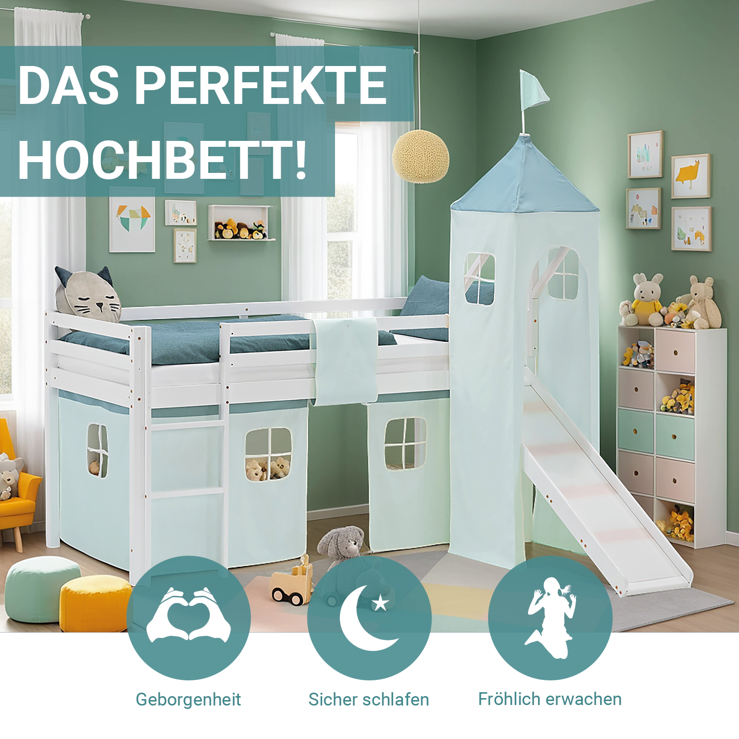 Loft Bed for Kids 90x200 cm White with Curtain in Mint Green | Slide | Tower | with Slatted Frame and Mattress