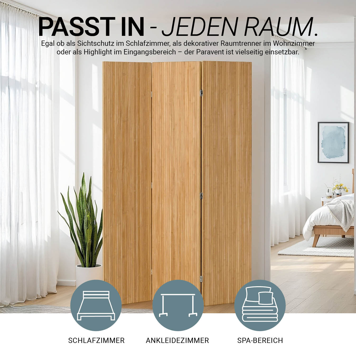 Paravent Natural Bamboo Slats | 3-panel | Wood | Room Divider Partition Privacy Screen
