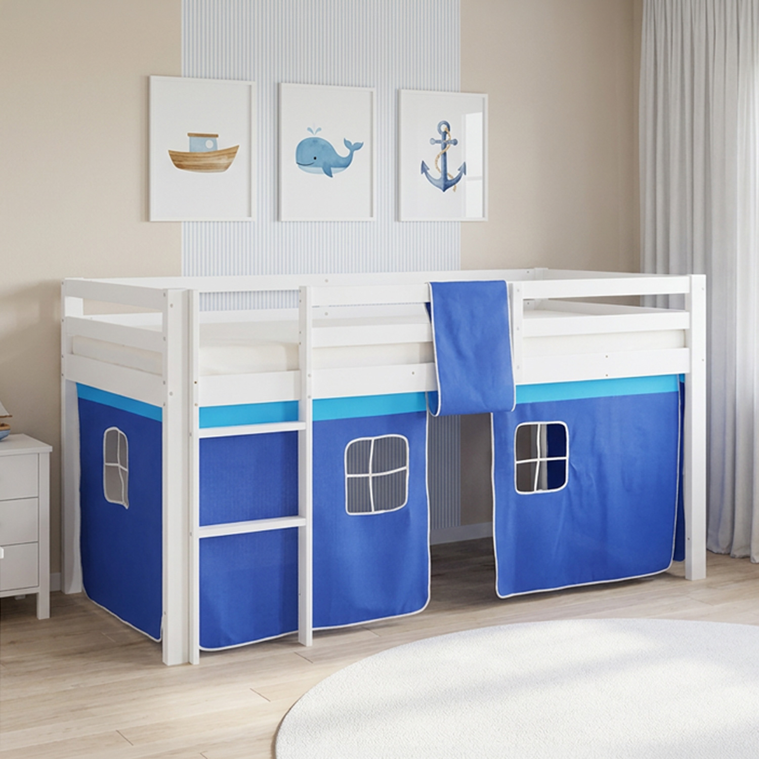 Children's Loft Bed 90x200 cm White with Blue Curtain | Includes Slatted Base | Includes Mattress