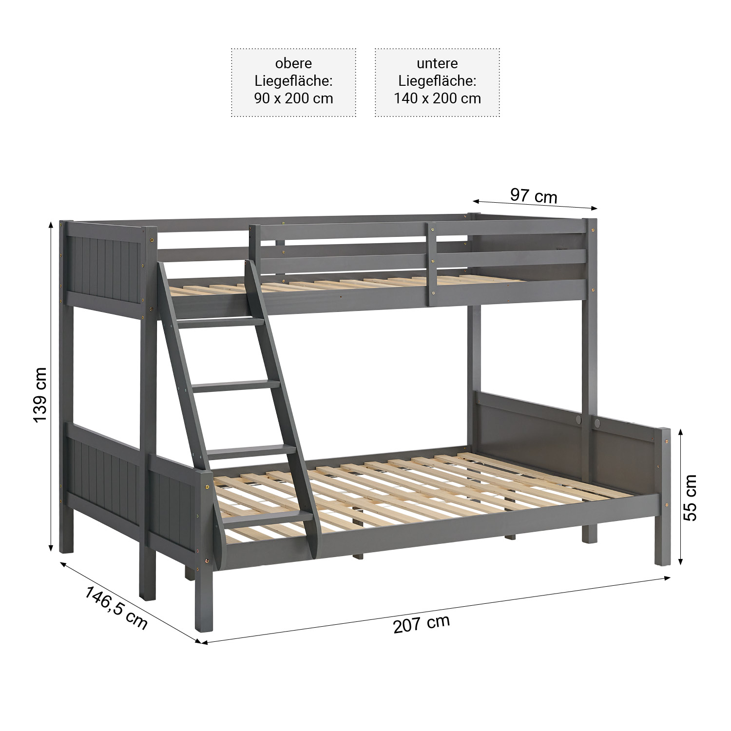 Bunk Bed with 2 Mattresses 90x200 and 140x200 cm Kids Bed Grey Wood Cabin Bed High Sleeper Bed Loft Bed Childrens Bed Twin Bed