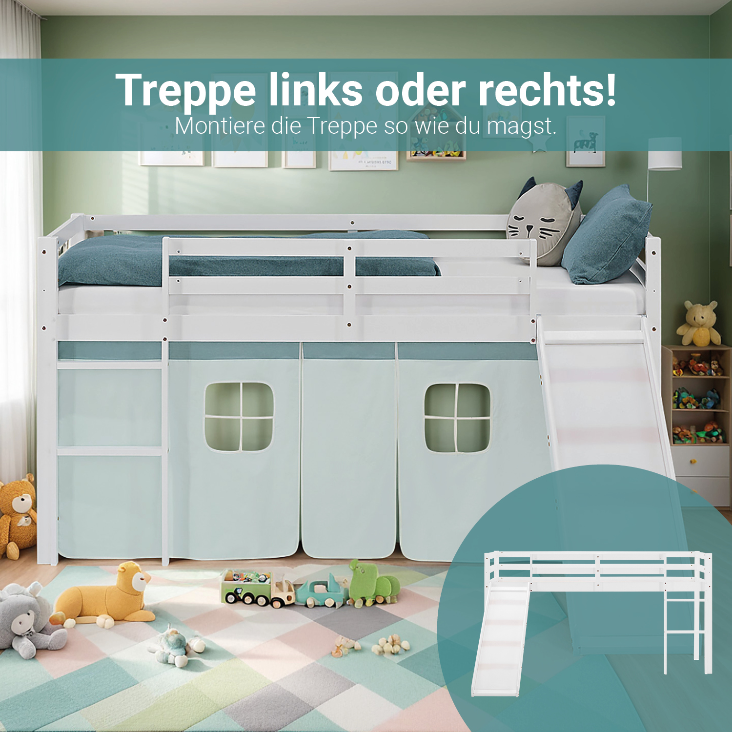 Loft Bed for Kids 90x200 cm White with Curtain in Mint Green | Slide | with Slatted Frame and Mattress