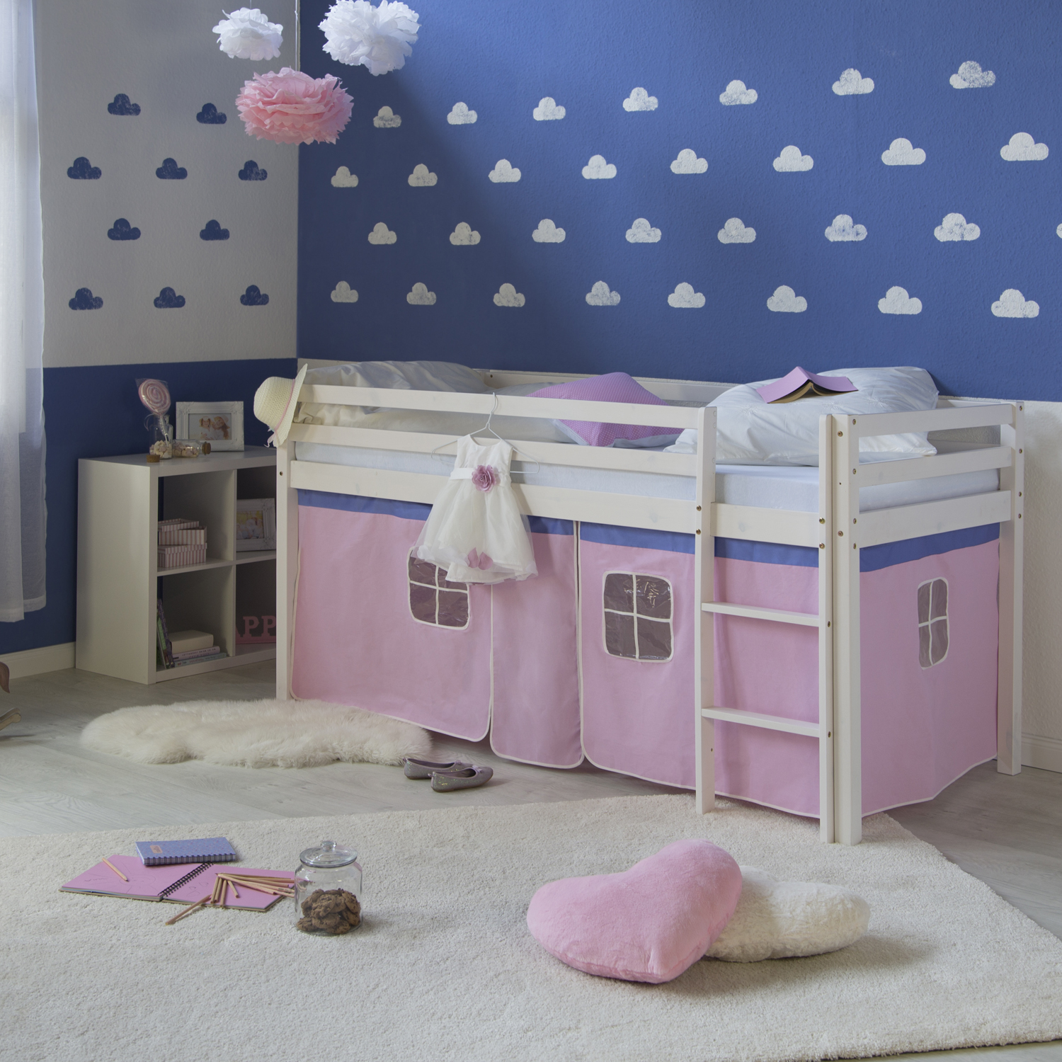 Loftbed 90x200 cm with Mattress Bunk bed Childrens bed Solid Pine Wood Slats Curtain Pink