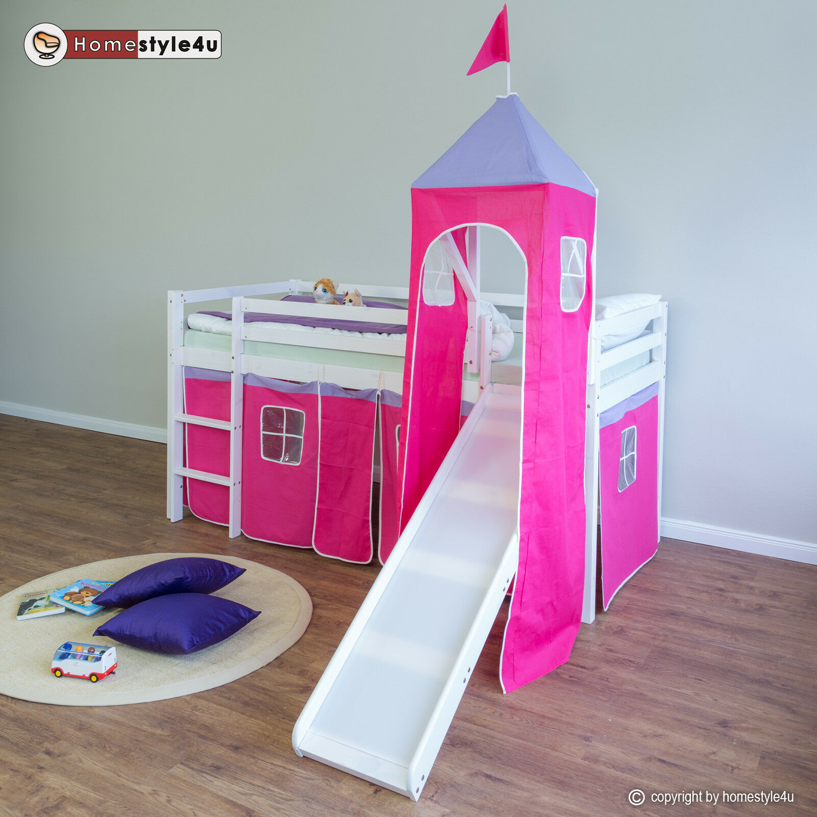 Loft Bed Kids 90x200 cm White with Curtain in Pink | Tower | Slide | without Slatted Frame